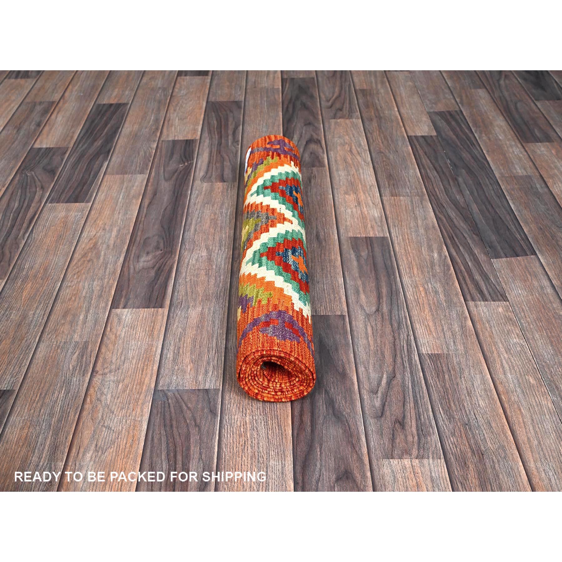 2'x6'4" Vivid Orange with Ivory, Afghan Kilim with Colorful Geometric Pattern, Pure Wool, Flat Weave, Hand Woven, Vegetable Dyes, Reversible, Narrow Runner, Oriental Rug Sh1157