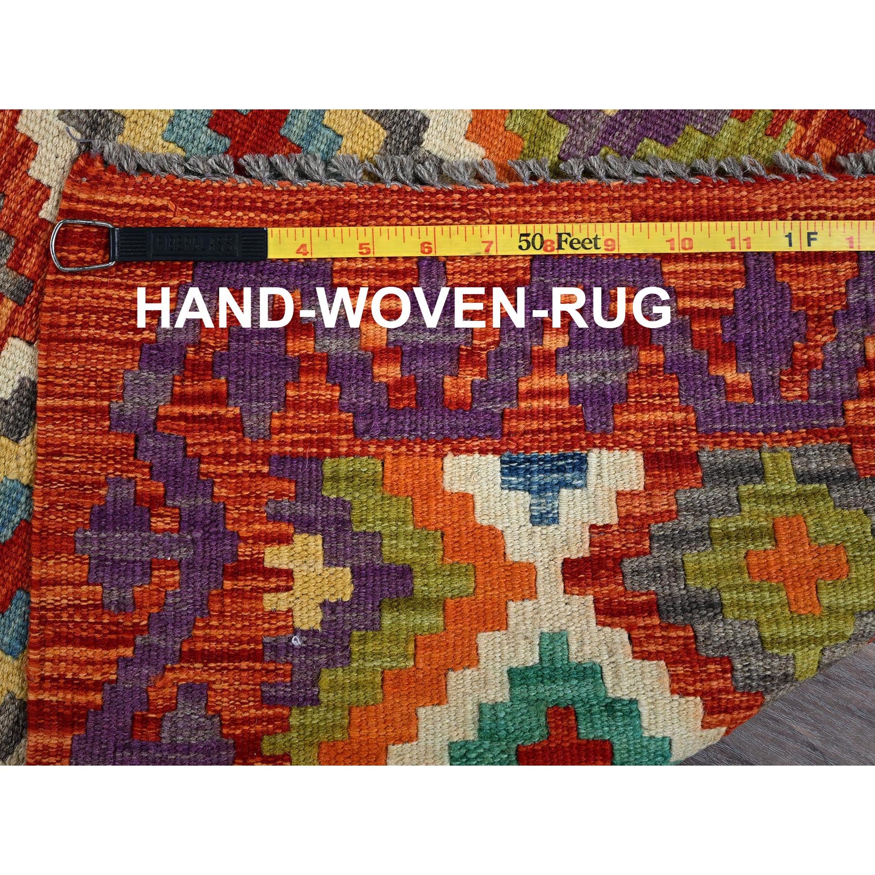 2'x6'4" Vivid Orange with Ivory, Afghan Kilim with Colorful Geometric Pattern, Pure Wool, Flat Weave, Hand Woven, Vegetable Dyes, Reversible, Narrow Runner, Oriental Rug Sh1157