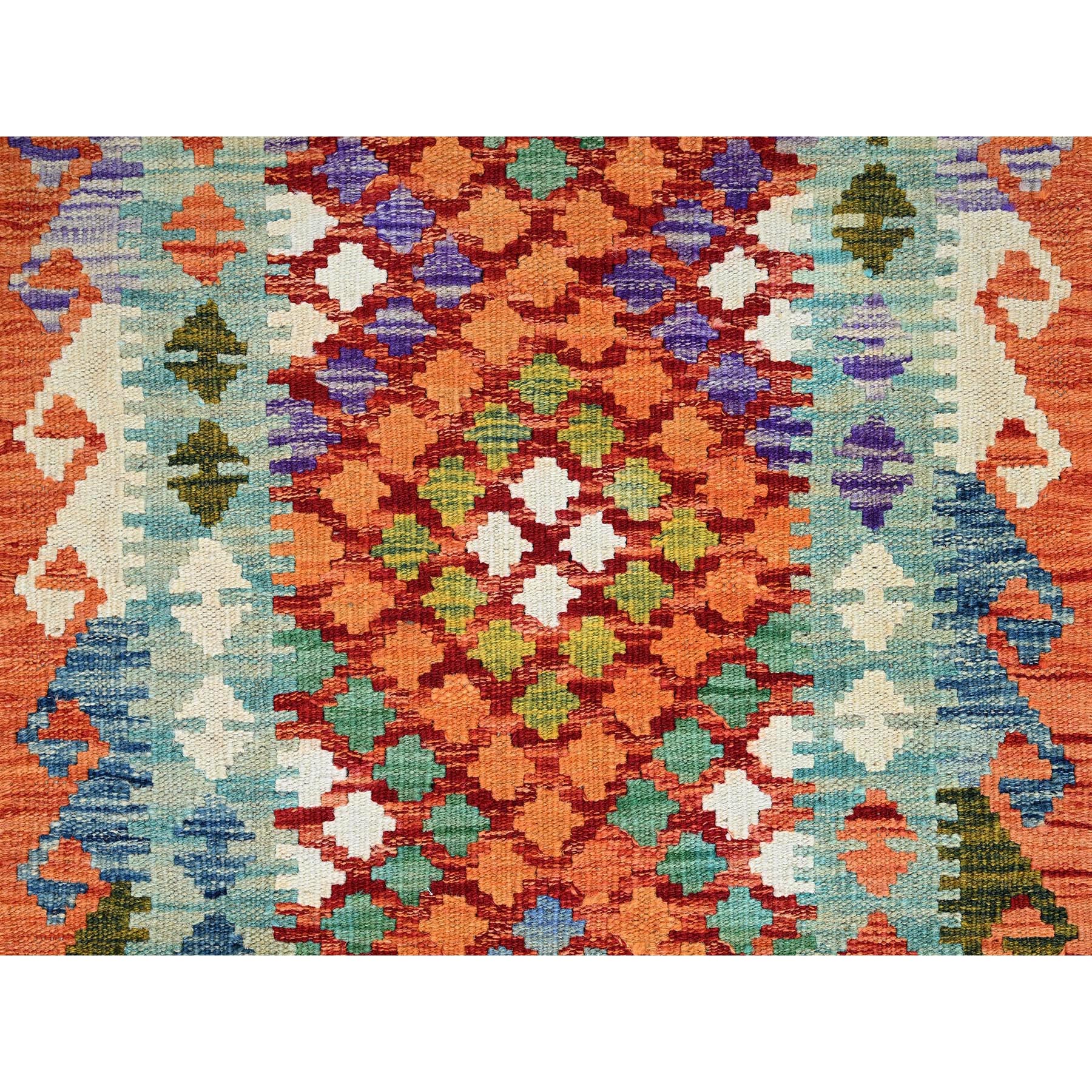 2'2"x6'6" Vivid Orange, Afghan Kilim with Colorful Geometric Pattern, Pure Wool, Natural Dyes, Flat Weave, Hand Woven, Reversible, Narrow Runner, Oriental Rug Sh1158