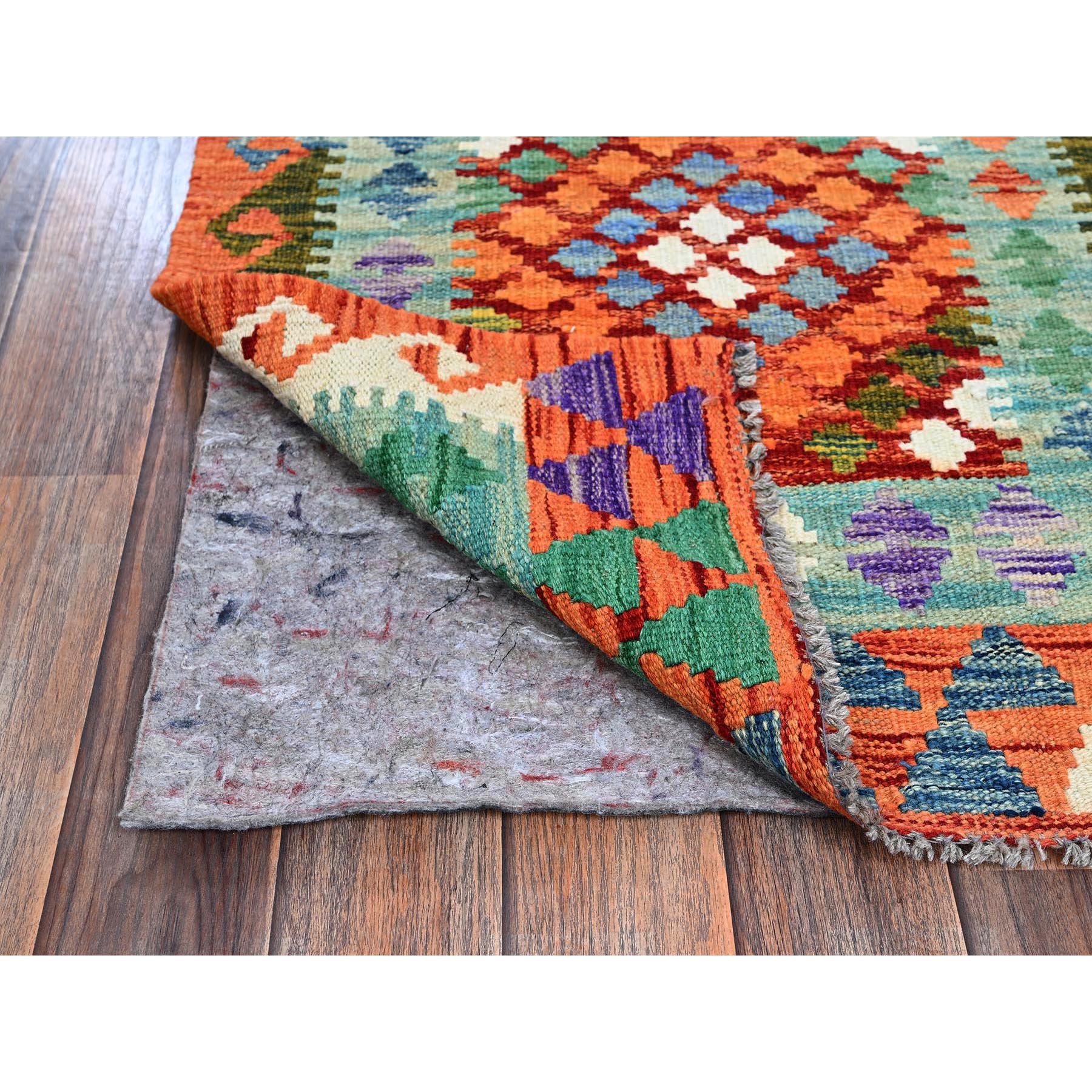 2'2"x6'6" Vivid Orange, Afghan Kilim with Colorful Geometric Pattern, Pure Wool, Natural Dyes, Flat Weave, Hand Woven, Reversible, Narrow Runner, Oriental Rug Sh1158