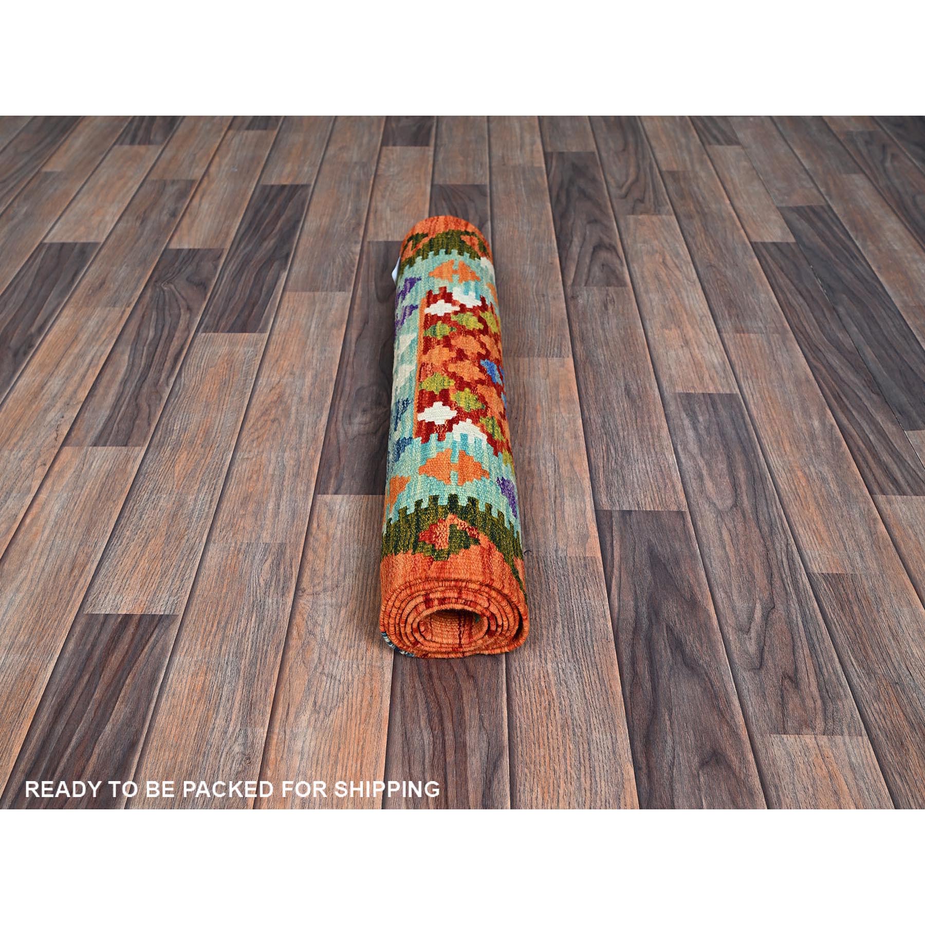 2'2"x6'6" Vivid Orange, Afghan Kilim with Colorful Geometric Pattern, Pure Wool, Natural Dyes, Flat Weave, Hand Woven, Reversible, Narrow Runner, Oriental Rug Sh1158