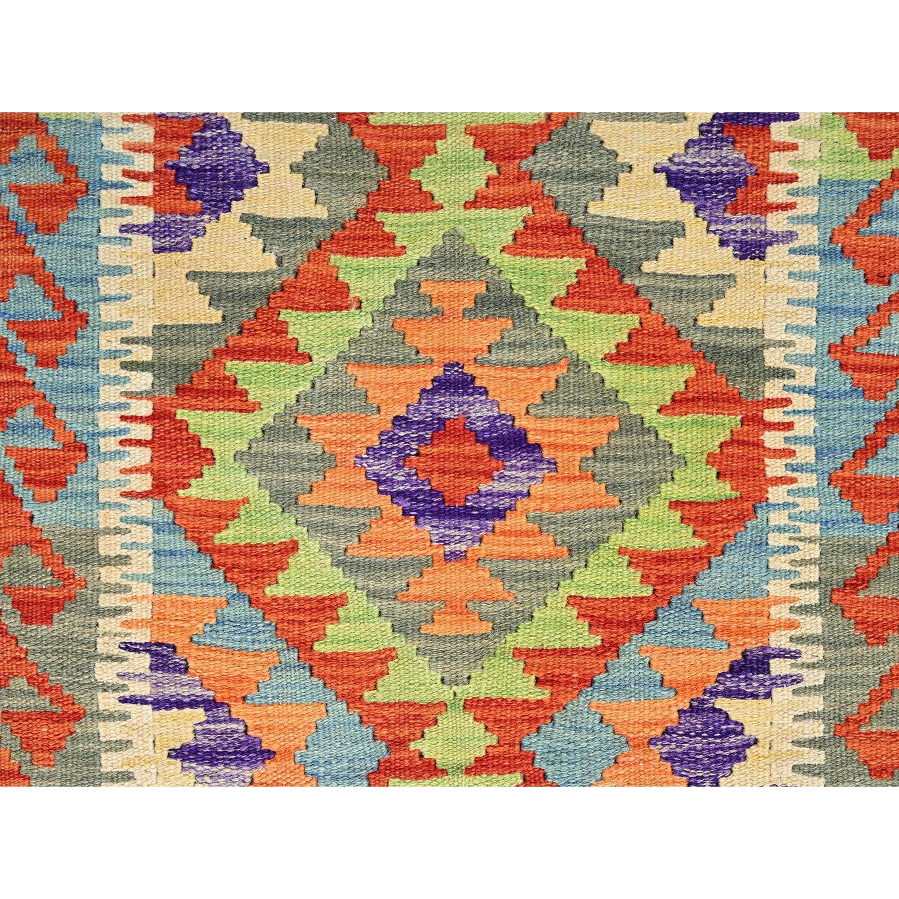 2'1"x6'3" Burnt Orange, Afghan Kilim with Colorful Geometric Pattern, 100% Wool, Vegetable Dyes, Flat Weave, Hand Woven, Reversible, Narrow Runner, Oriental Rug Sh1159