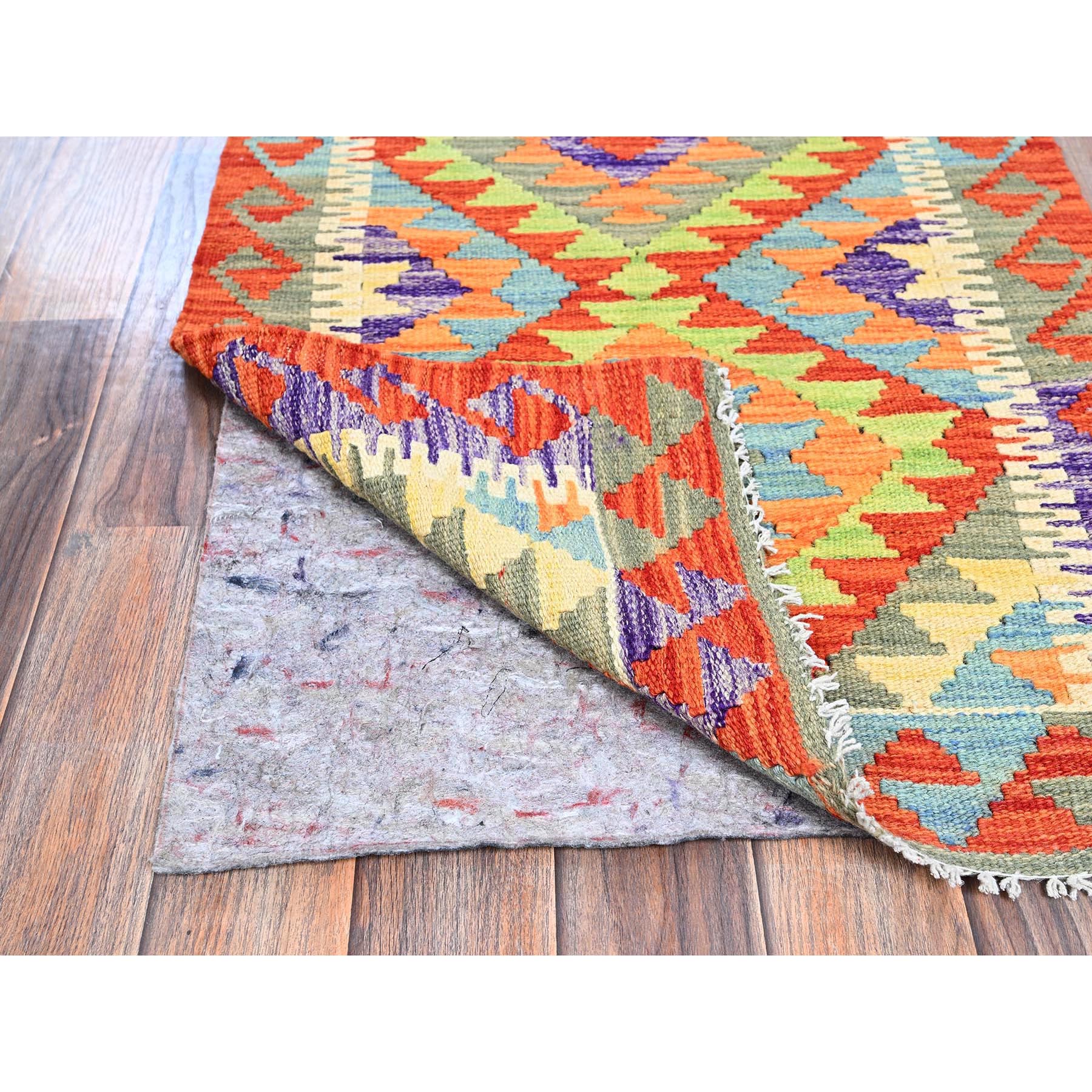 2'1"x6'3" Burnt Orange, Afghan Kilim with Colorful Geometric Pattern, 100% Wool, Vegetable Dyes, Flat Weave, Hand Woven, Reversible, Narrow Runner, Oriental Rug Sh1159