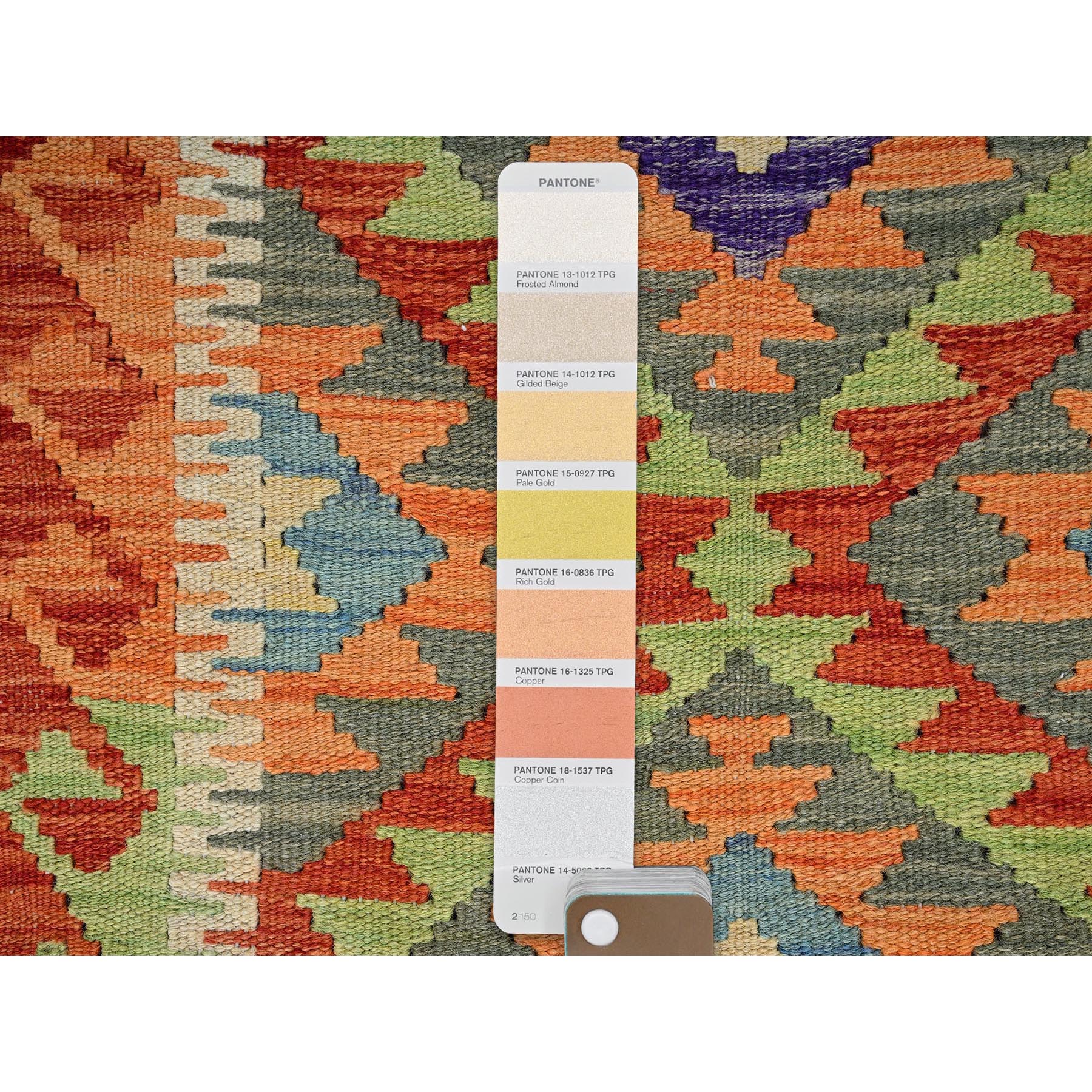 2'1"x6'3" Burnt Orange, Afghan Kilim with Colorful Geometric Pattern, 100% Wool, Vegetable Dyes, Flat Weave, Hand Woven, Reversible, Narrow Runner, Oriental Rug Sh1159