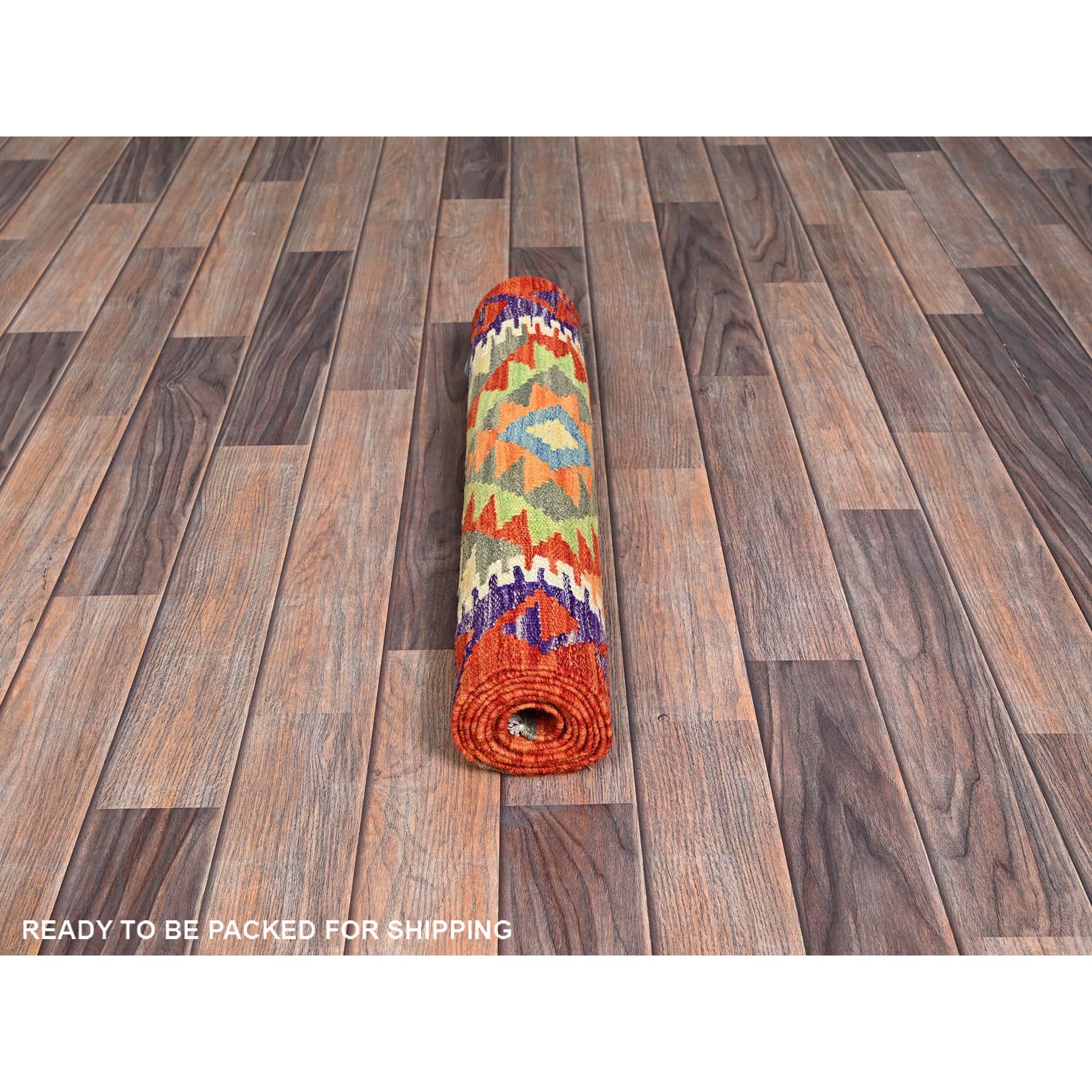 2'1"x6'3" Burnt Orange, Afghan Kilim with Colorful Geometric Pattern, 100% Wool, Vegetable Dyes, Flat Weave, Hand Woven, Reversible, Narrow Runner, Oriental Rug Sh1159