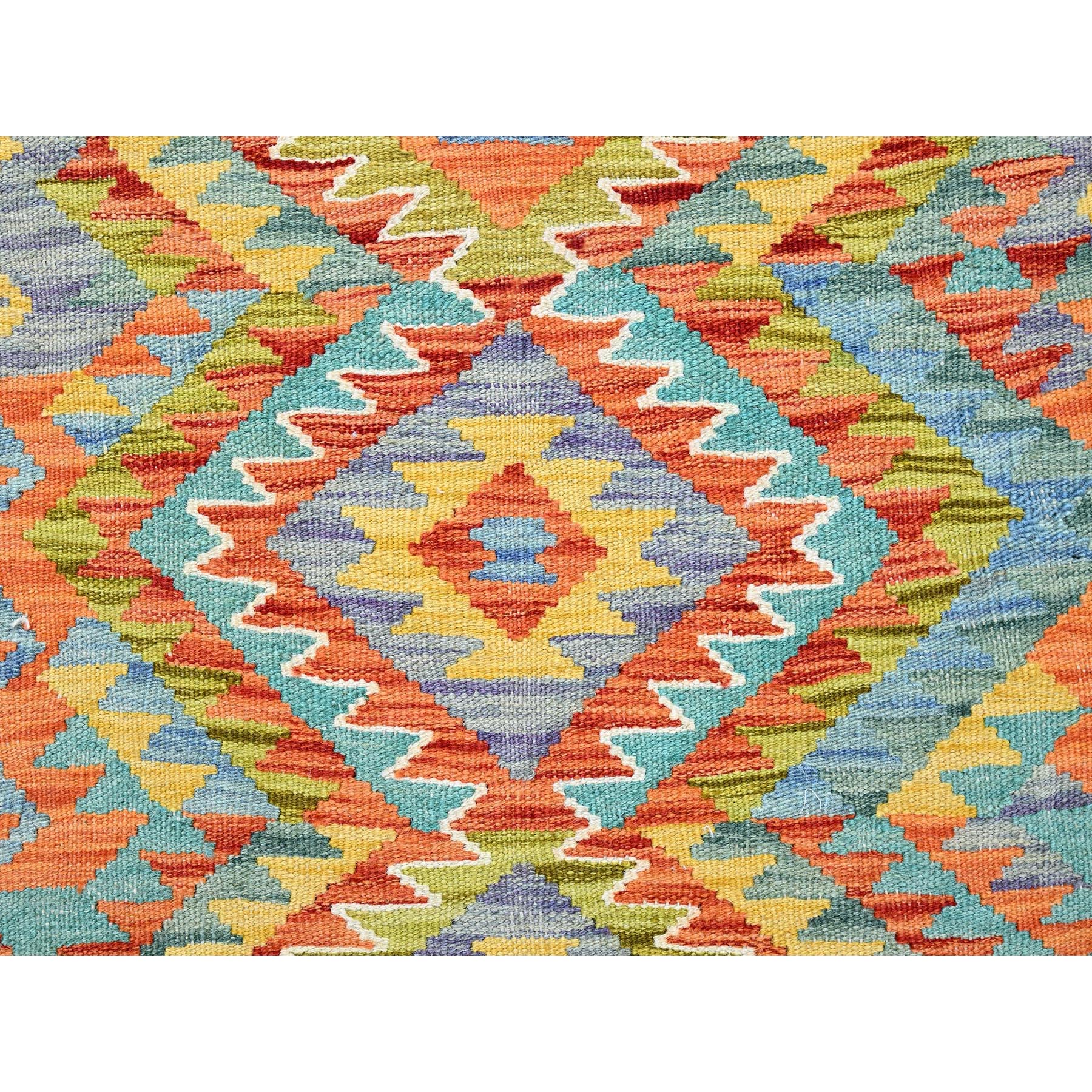 2'2"x6'7" Yam Orange, Afghan Kilim with Colorful Serrated Geometric Pattern, Pure Wool, Vegetable Dyes, Flat Weave, Hand Woven, Reversible, Narrow Runner, Oriental Rug Sh1160