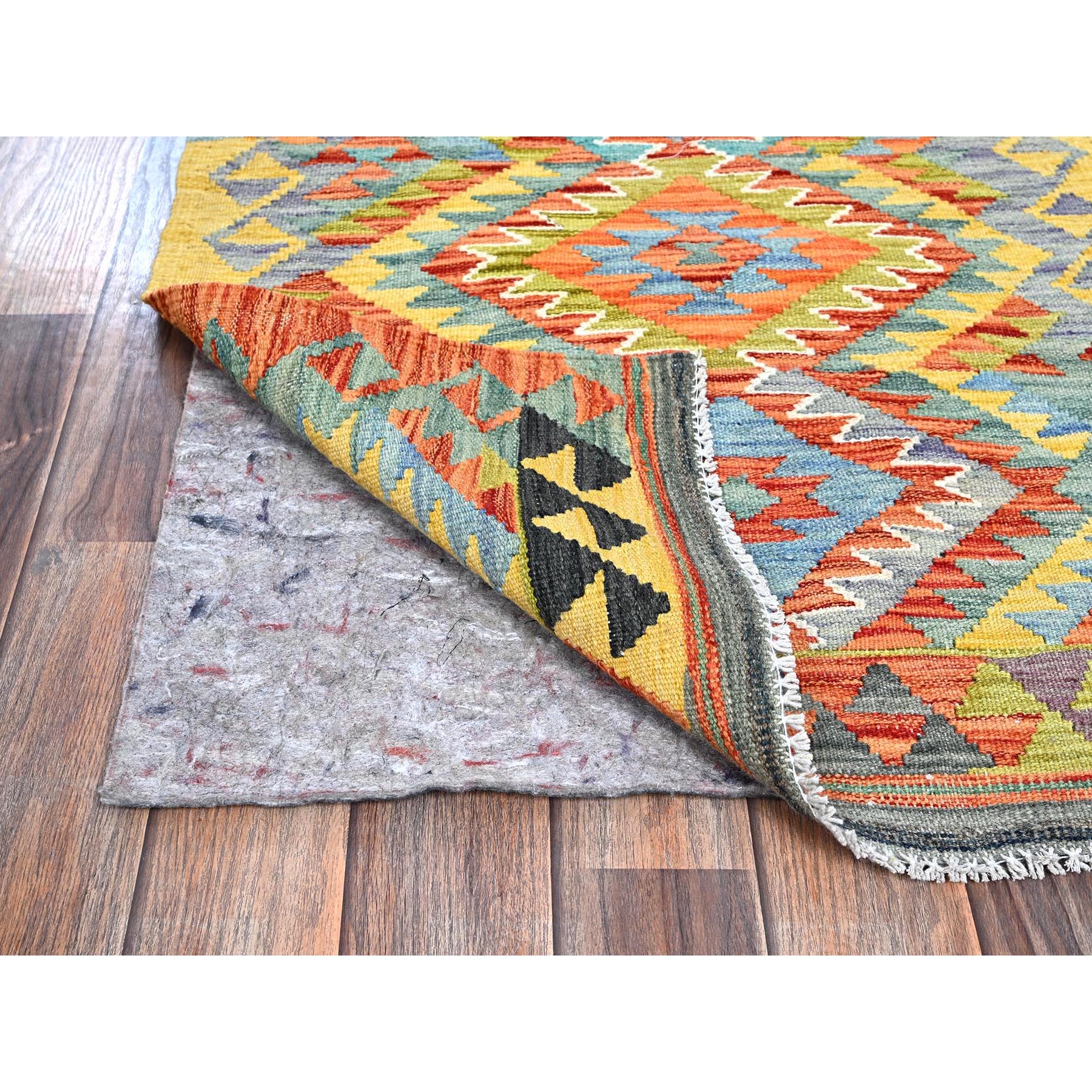 2'2"x6'7" Yam Orange, Afghan Kilim with Colorful Serrated Geometric Pattern, Pure Wool, Vegetable Dyes, Flat Weave, Hand Woven, Reversible, Narrow Runner, Oriental Rug Sh1160
