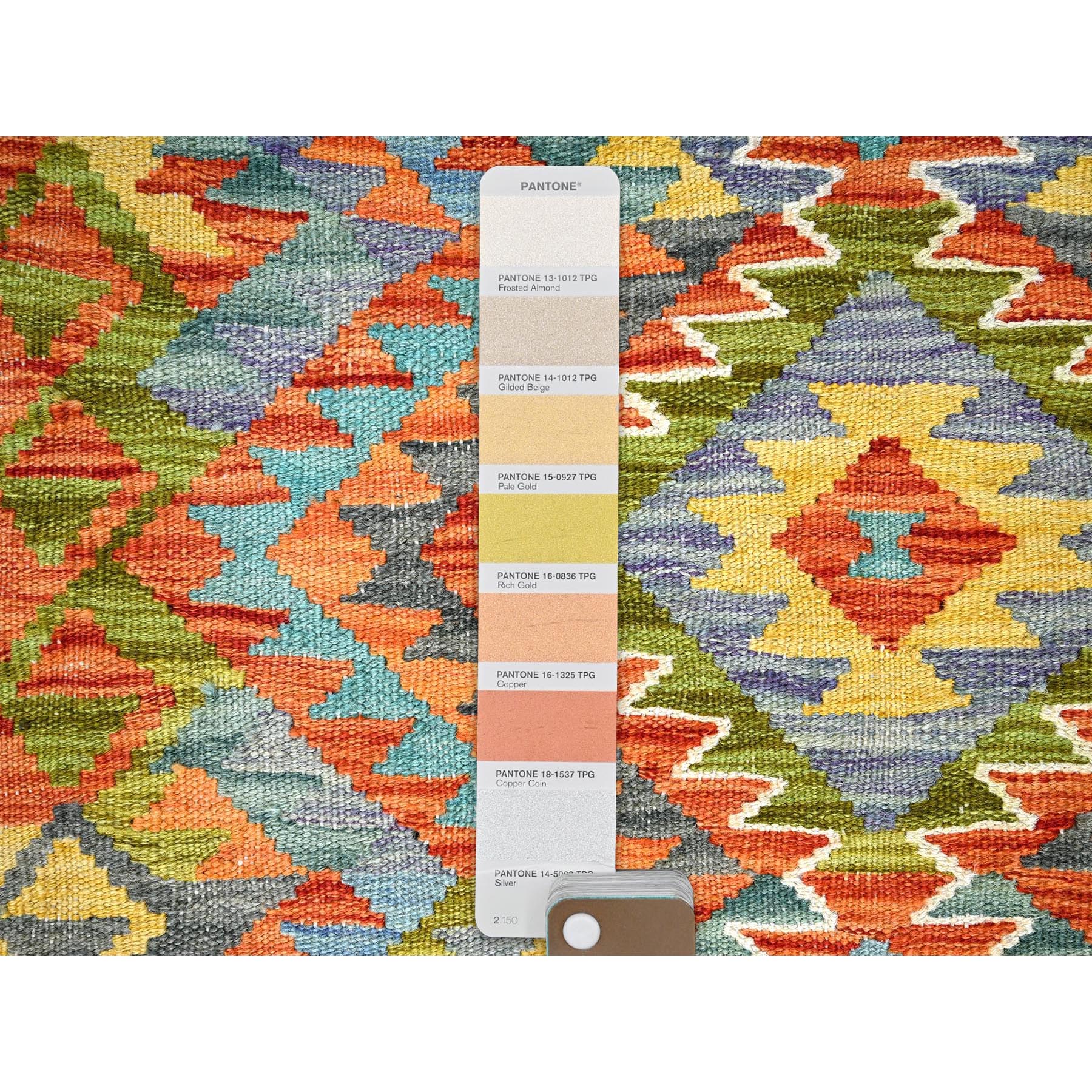 2'2"x6'7" Yam Orange, Afghan Kilim with Colorful Serrated Geometric Pattern, Pure Wool, Vegetable Dyes, Flat Weave, Hand Woven, Reversible, Narrow Runner, Oriental Rug Sh1160