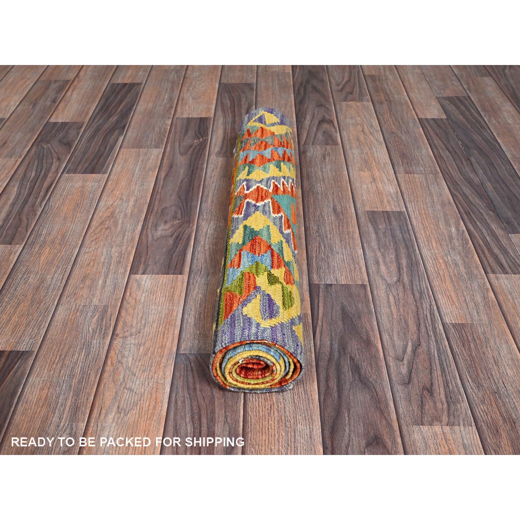 2'2"x6'7" Yam Orange, Afghan Kilim with Colorful Serrated Geometric Pattern, Pure Wool, Vegetable Dyes, Flat Weave, Hand Woven, Reversible, Narrow Runner, Oriental Rug Sh1160
