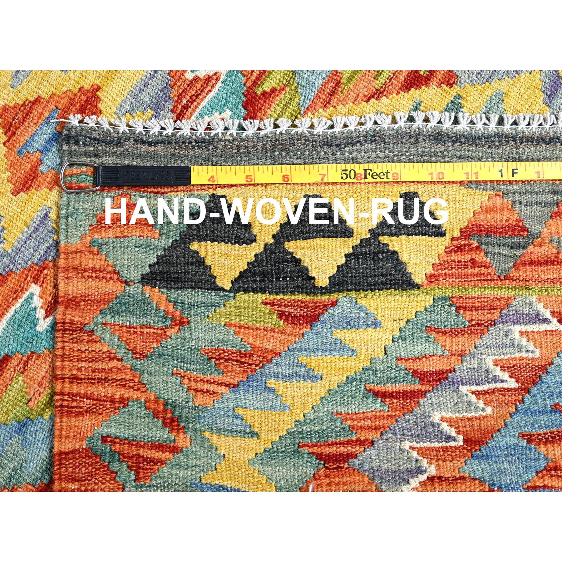 2'2"x6'7" Yam Orange, Afghan Kilim with Colorful Serrated Geometric Pattern, Pure Wool, Vegetable Dyes, Flat Weave, Hand Woven, Reversible, Narrow Runner, Oriental Rug Sh1160