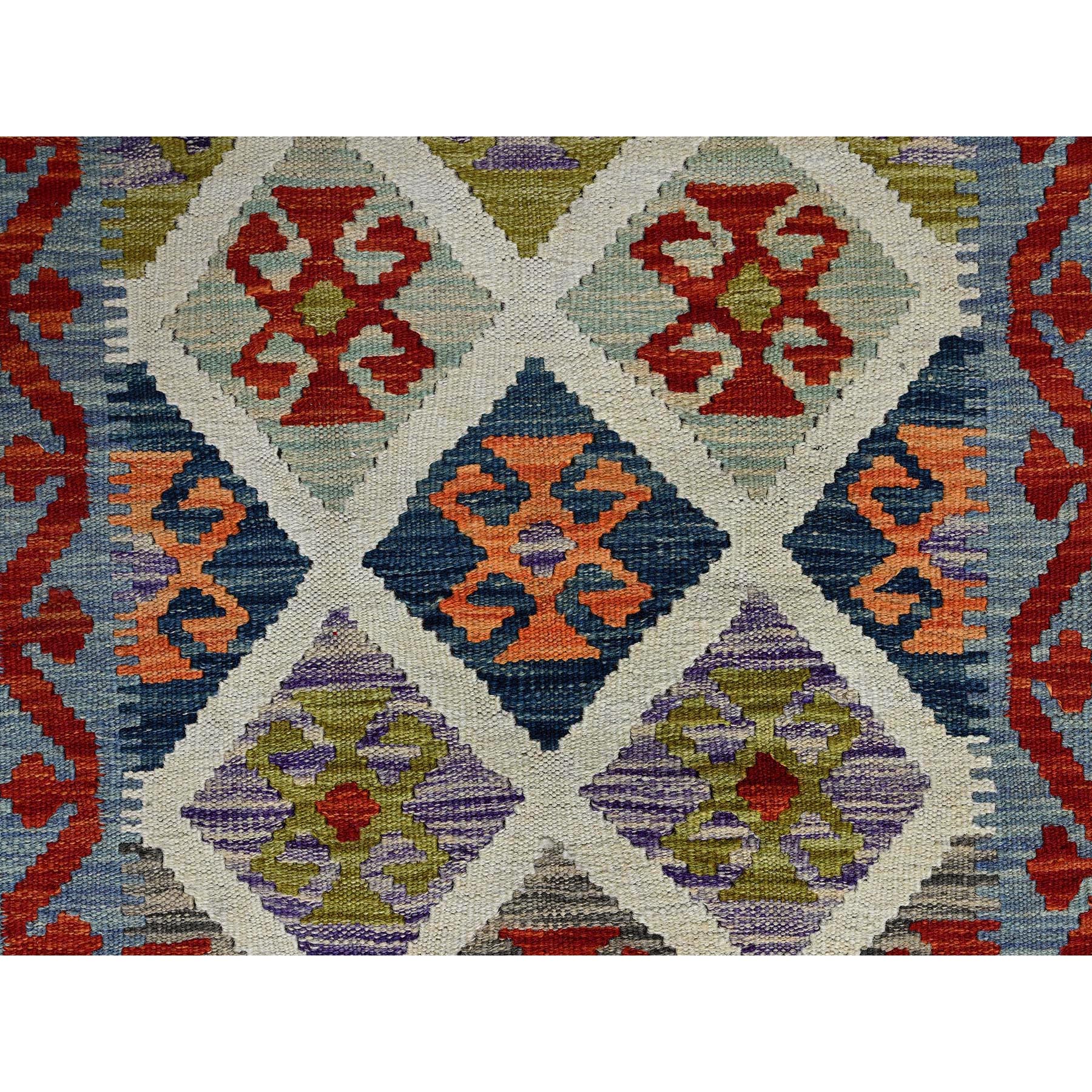 2'4"x6'6" Frosted Almond White, Afghan Kilim with Colorful Geometric Pattern, 100% Wool, Vegetable Dyes, Flat Weave, Hand Woven, Reversible, Narrow Runner, Oriental Rug Sh1162
