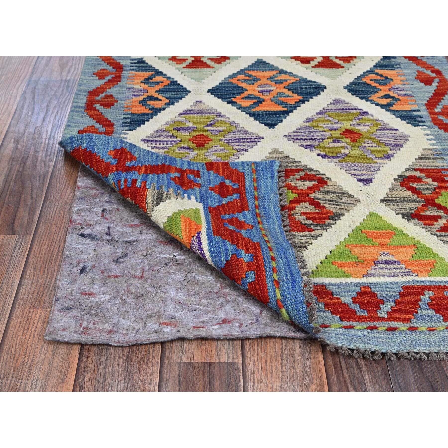 2'4"x6'6" Frosted Almond White, Afghan Kilim with Colorful Geometric Pattern, 100% Wool, Vegetable Dyes, Flat Weave, Hand Woven, Reversible, Narrow Runner, Oriental Rug Sh1162