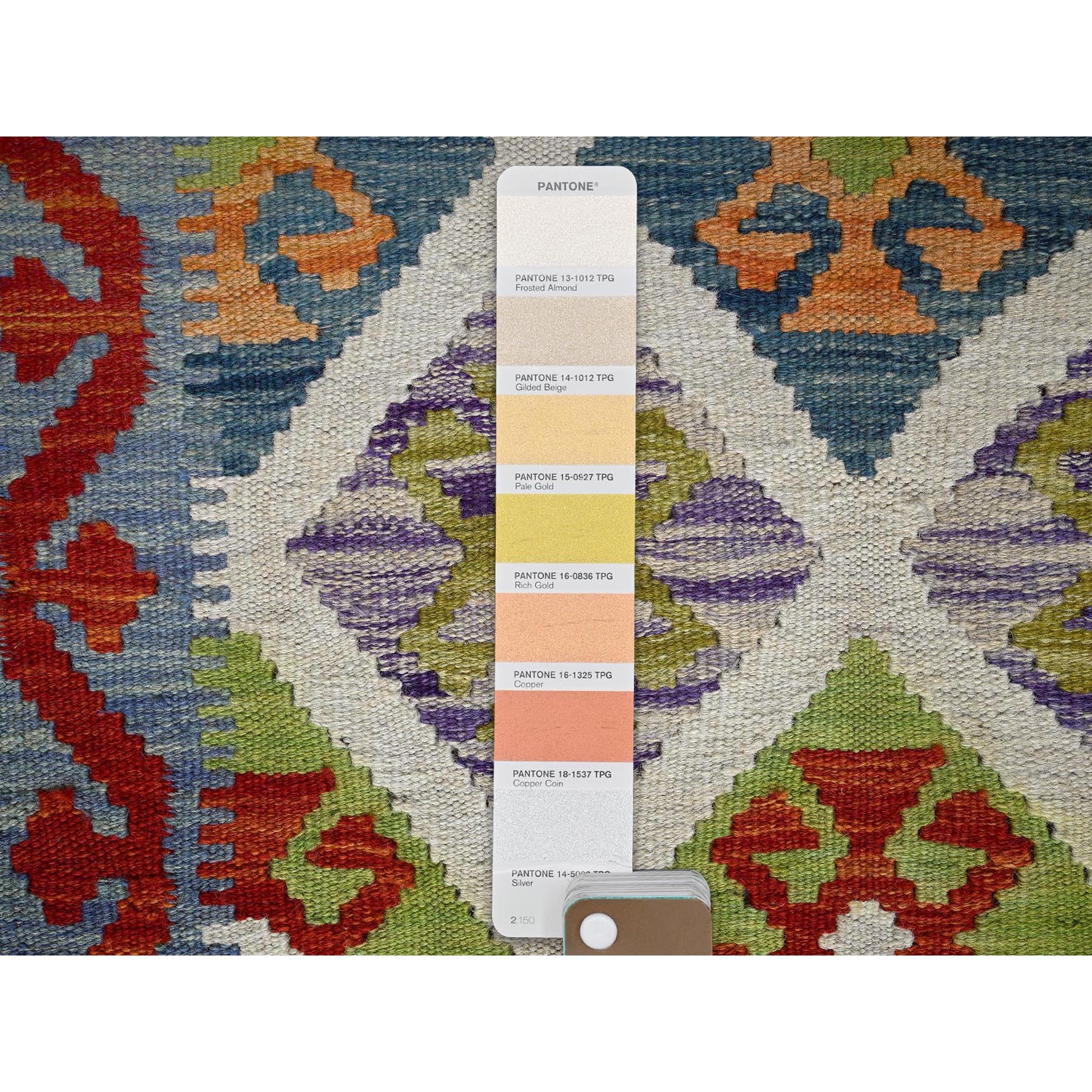 2'4"x6'6" Frosted Almond White, Afghan Kilim with Colorful Geometric Pattern, 100% Wool, Vegetable Dyes, Flat Weave, Hand Woven, Reversible, Narrow Runner, Oriental Rug Sh1162