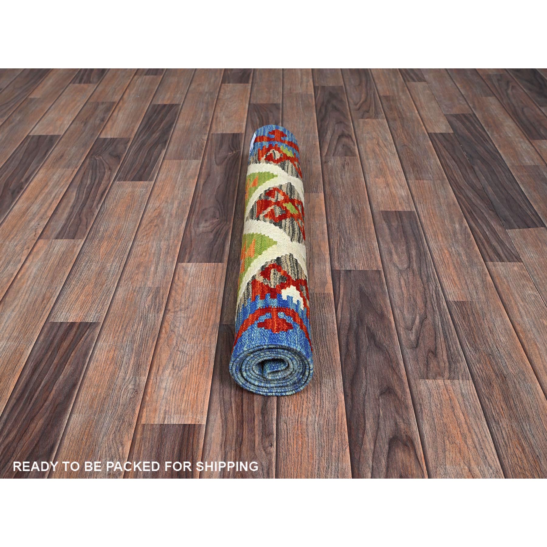 2'4"x6'6" Frosted Almond White, Afghan Kilim with Colorful Geometric Pattern, 100% Wool, Vegetable Dyes, Flat Weave, Hand Woven, Reversible, Narrow Runner, Oriental Rug Sh1162