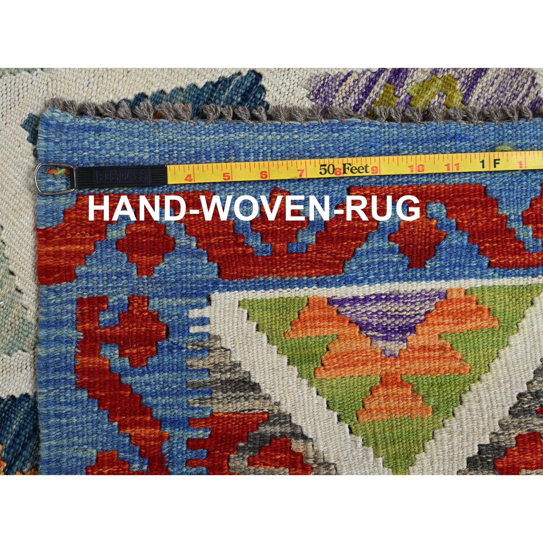 2'4"x6'6" Frosted Almond White, Afghan Kilim with Colorful Geometric Pattern, 100% Wool, Vegetable Dyes, Flat Weave, Hand Woven, Reversible, Narrow Runner, Oriental Rug Sh1162