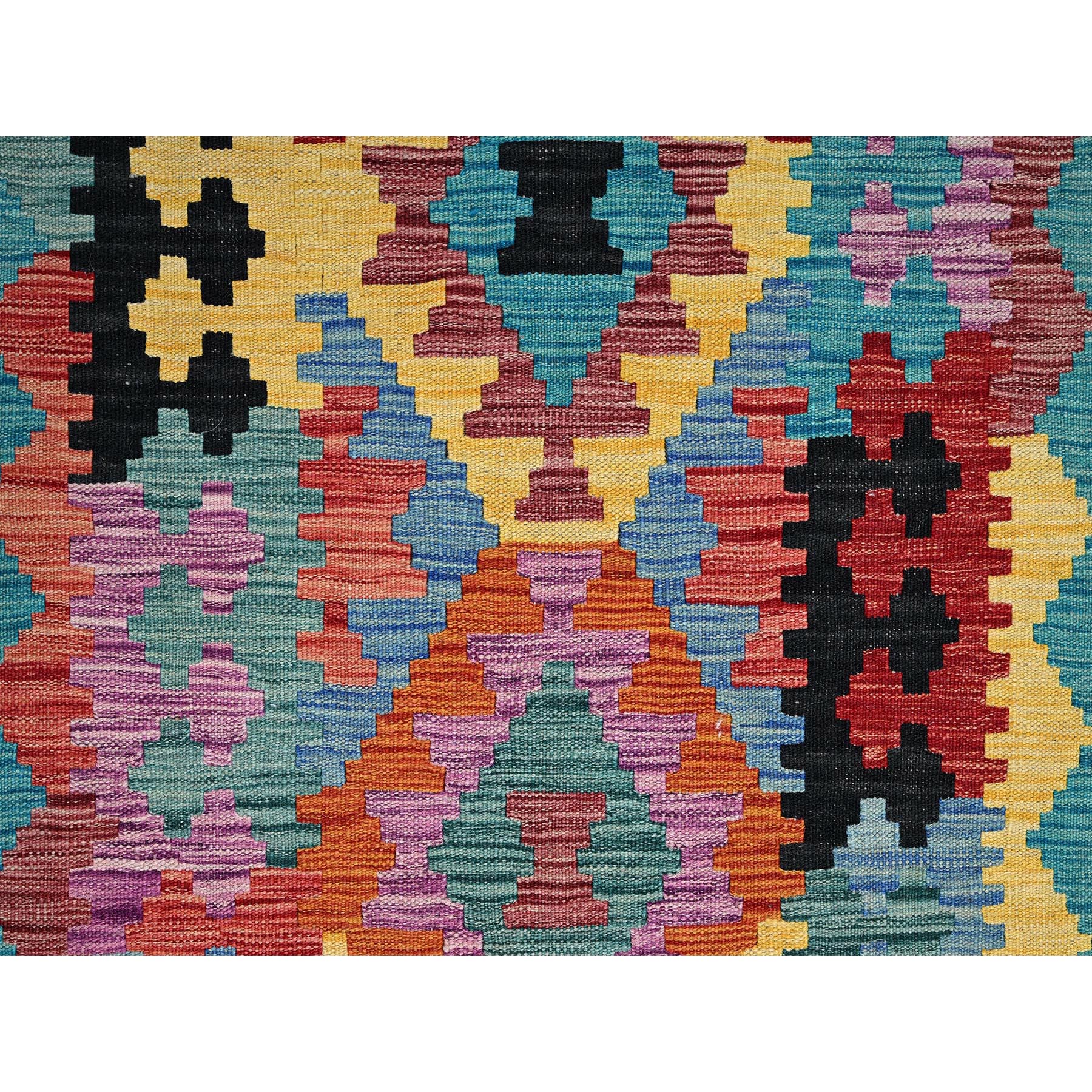 2'8"x9'7" Cerulean Blue, Afghan Kilim with Colorful Geometric Pattern, Vegetable Dyes, Pure Wool, Flat Weave, Hand Woven, Reversible, Runner, Oriental Rug Sh1163