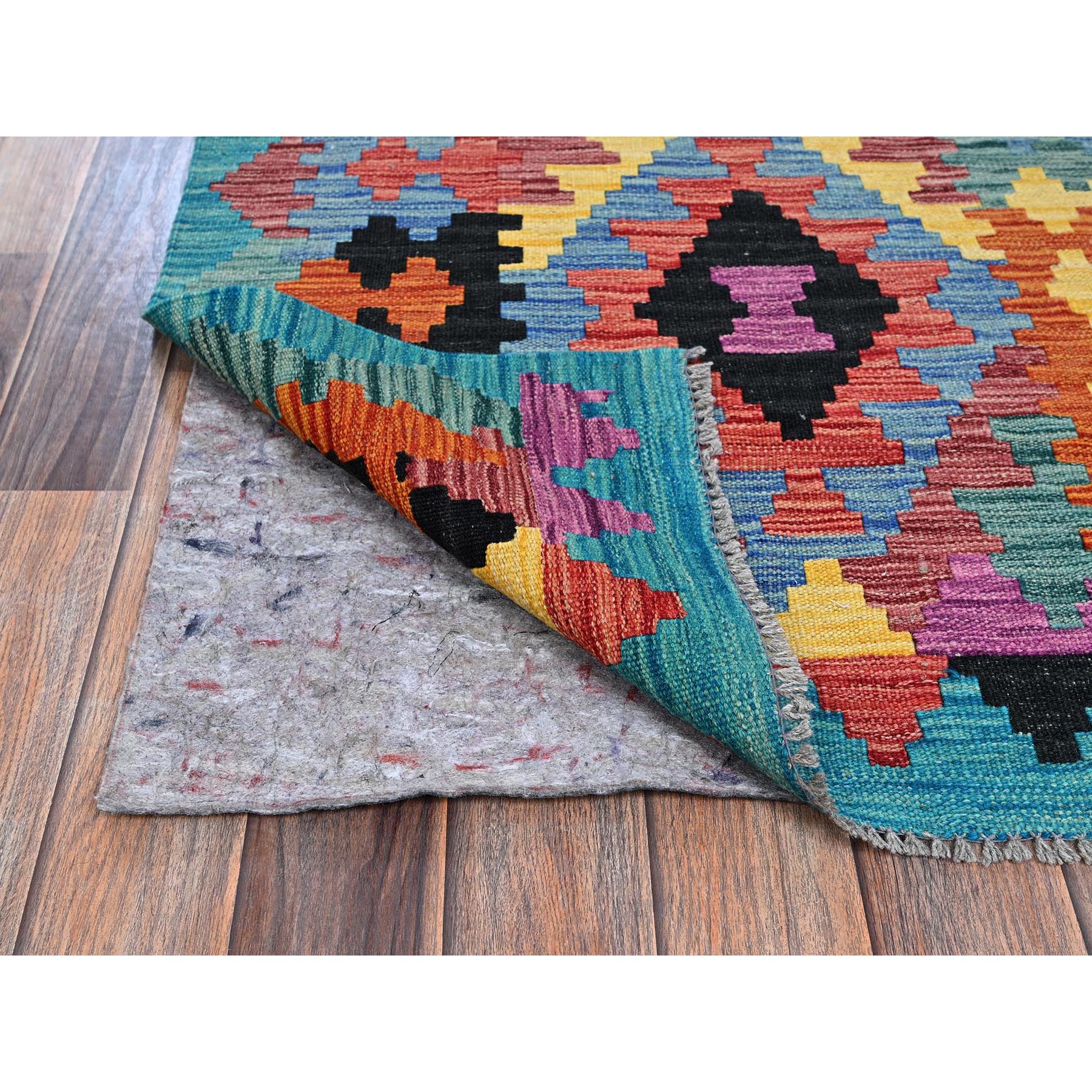 2'8"x9'7" Cerulean Blue, Afghan Kilim with Colorful Geometric Pattern, Vegetable Dyes, Pure Wool, Flat Weave, Hand Woven, Reversible, Runner, Oriental Rug Sh1163