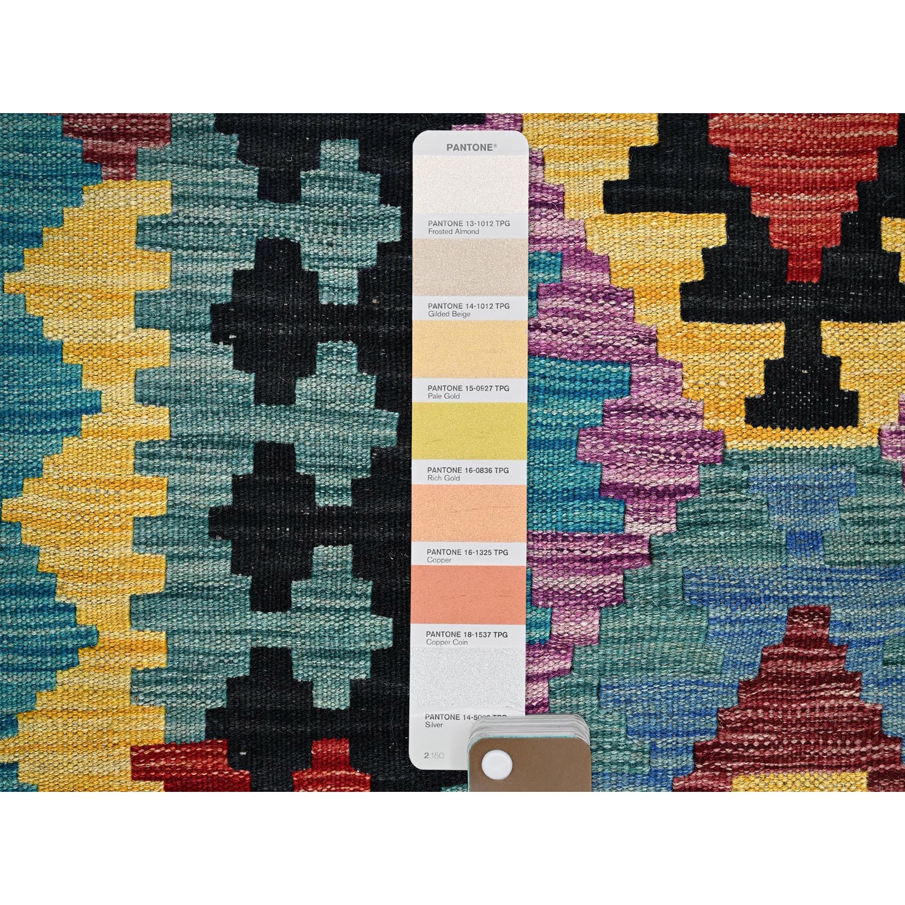 2'8"x9'7" Cerulean Blue, Afghan Kilim with Colorful Geometric Pattern, Vegetable Dyes, Pure Wool, Flat Weave, Hand Woven, Reversible, Runner, Oriental Rug Sh1163