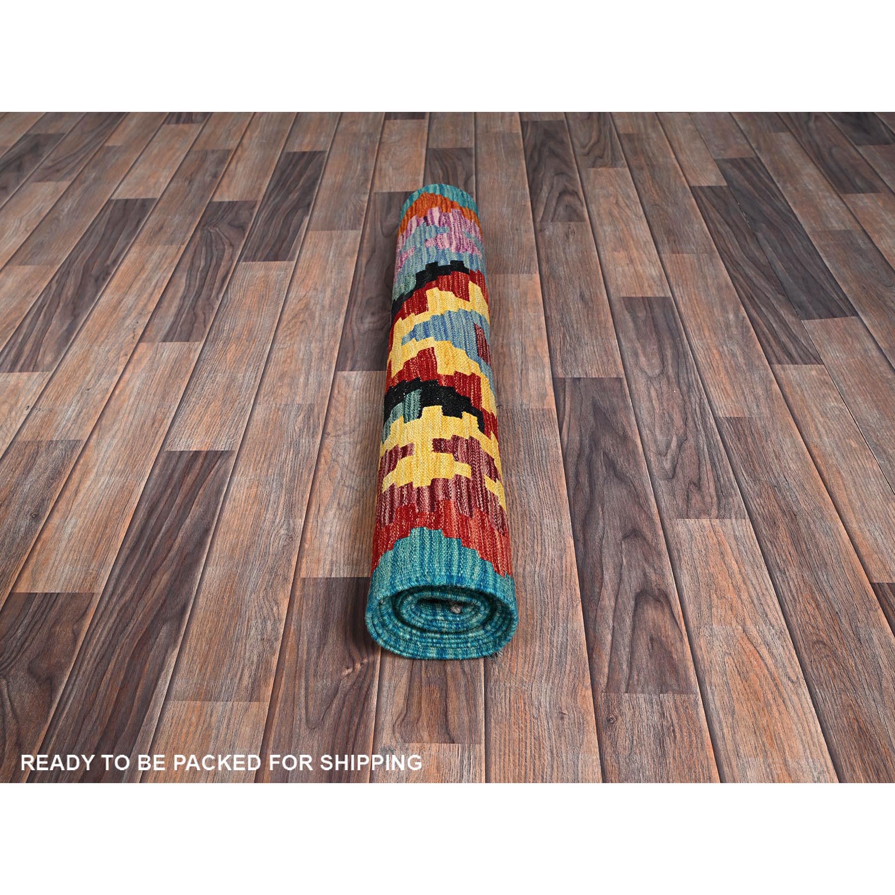 2'8"x9'7" Cerulean Blue, Afghan Kilim with Colorful Geometric Pattern, Vegetable Dyes, Pure Wool, Flat Weave, Hand Woven, Reversible, Runner, Oriental Rug Sh1163