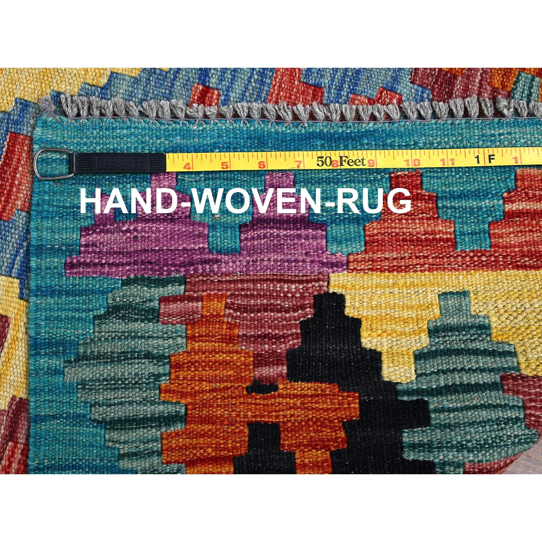 2'8"x9'7" Cerulean Blue, Afghan Kilim with Colorful Geometric Pattern, Vegetable Dyes, Pure Wool, Flat Weave, Hand Woven, Reversible, Runner, Oriental Rug Sh1163