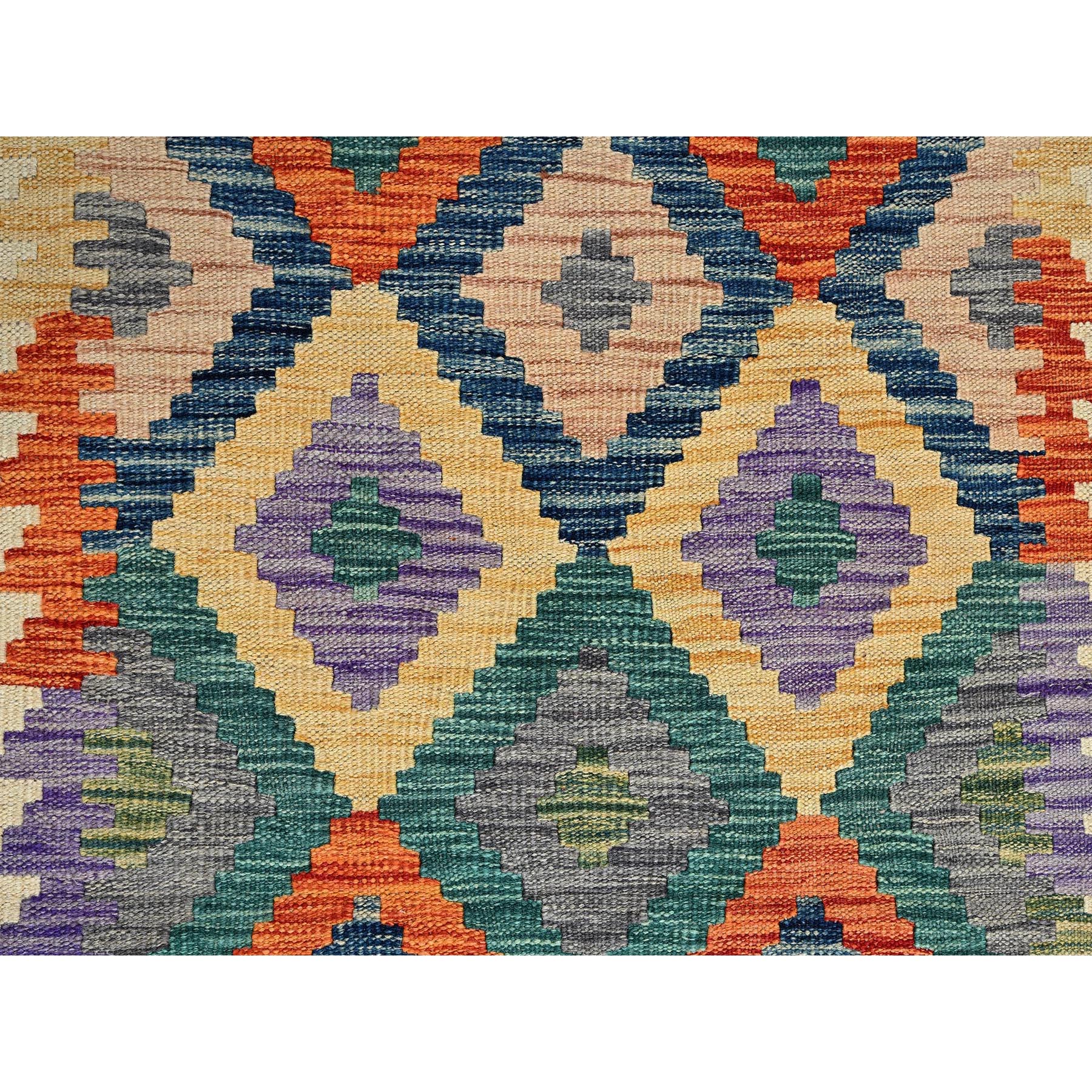 2'8"x9'6" Beige, Afghan Kilim with Colorful Geometric Pattern, Vegetable Dyes, Pure Wool, Flat Weave, Hand Woven, Reversible, Runner, Oriental Rug Sh1164