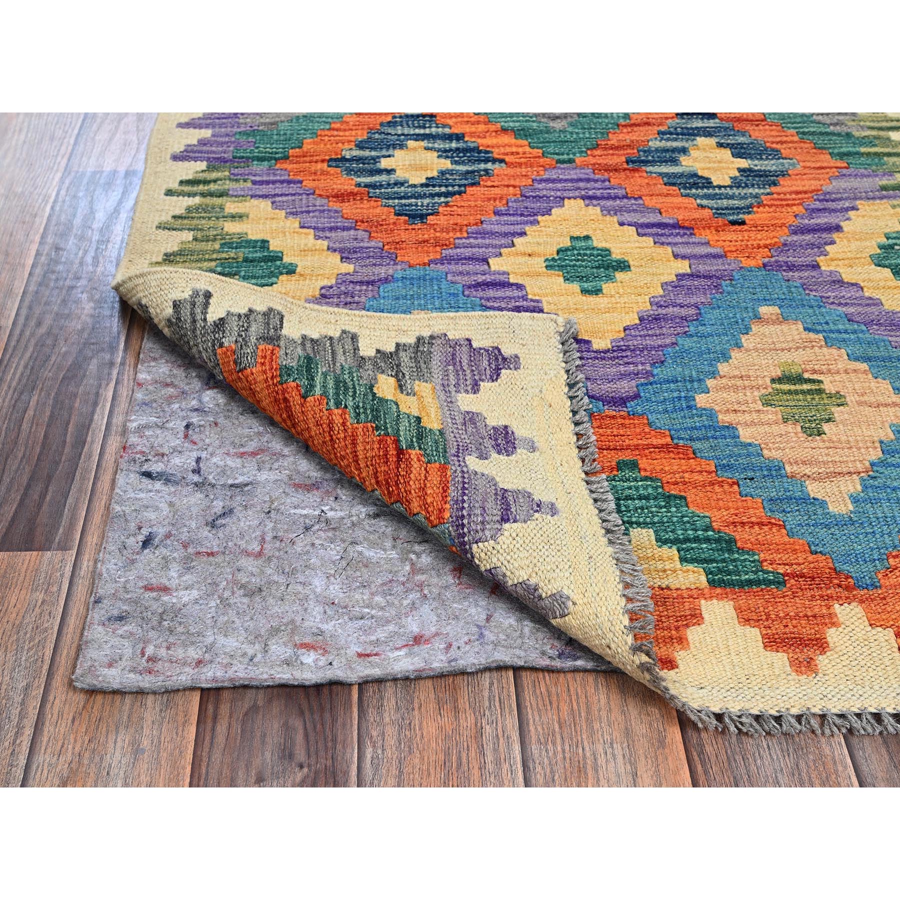2'8"x9'6" Beige, Afghan Kilim with Colorful Geometric Pattern, Vegetable Dyes, Pure Wool, Flat Weave, Hand Woven, Reversible, Runner, Oriental Rug Sh1164