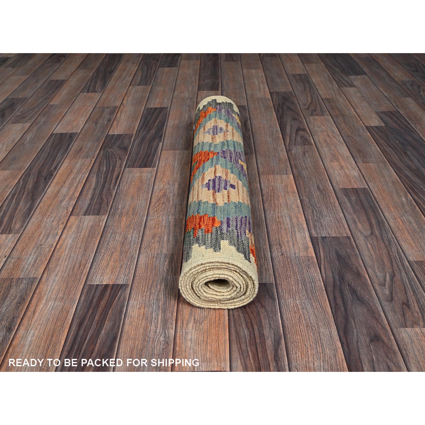 2'8"x9'6" Beige, Afghan Kilim with Colorful Geometric Pattern, Vegetable Dyes, Pure Wool, Flat Weave, Hand Woven, Reversible, Runner, Oriental Rug Sh1164