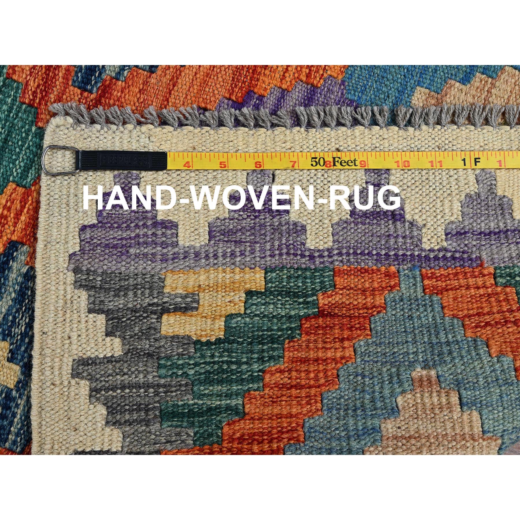2'8"x9'6" Beige, Afghan Kilim with Colorful Geometric Pattern, Vegetable Dyes, Pure Wool, Flat Weave, Hand Woven, Reversible, Runner, Oriental Rug Sh1164