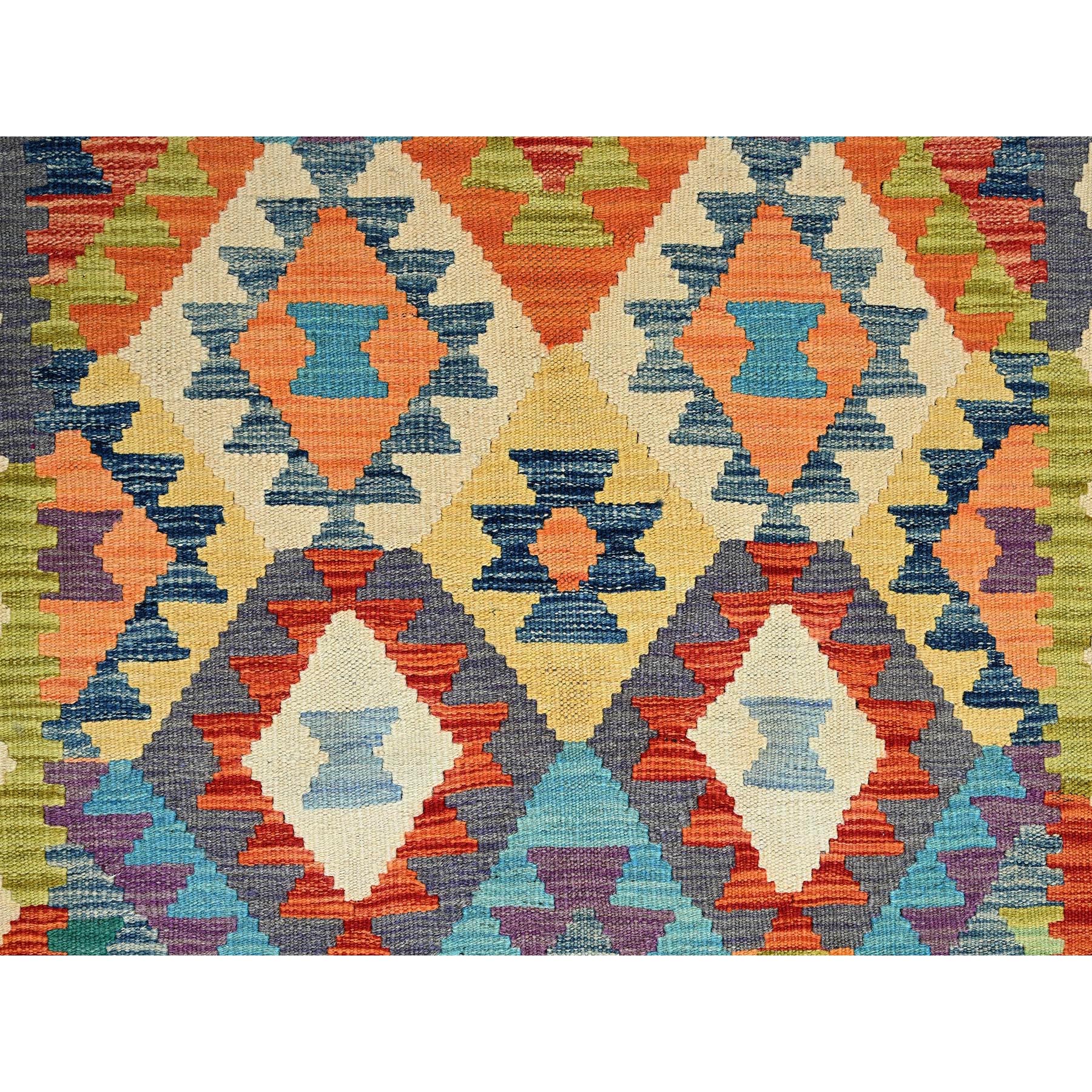 2'7"x9'7" Beige, Hand Woven, Afghan Kilim with Colorful Geometric Pattern, Vegetable Dyes, Pure Wool, Flat Weave, Reversible, Runner, Oriental Rug Sh1165