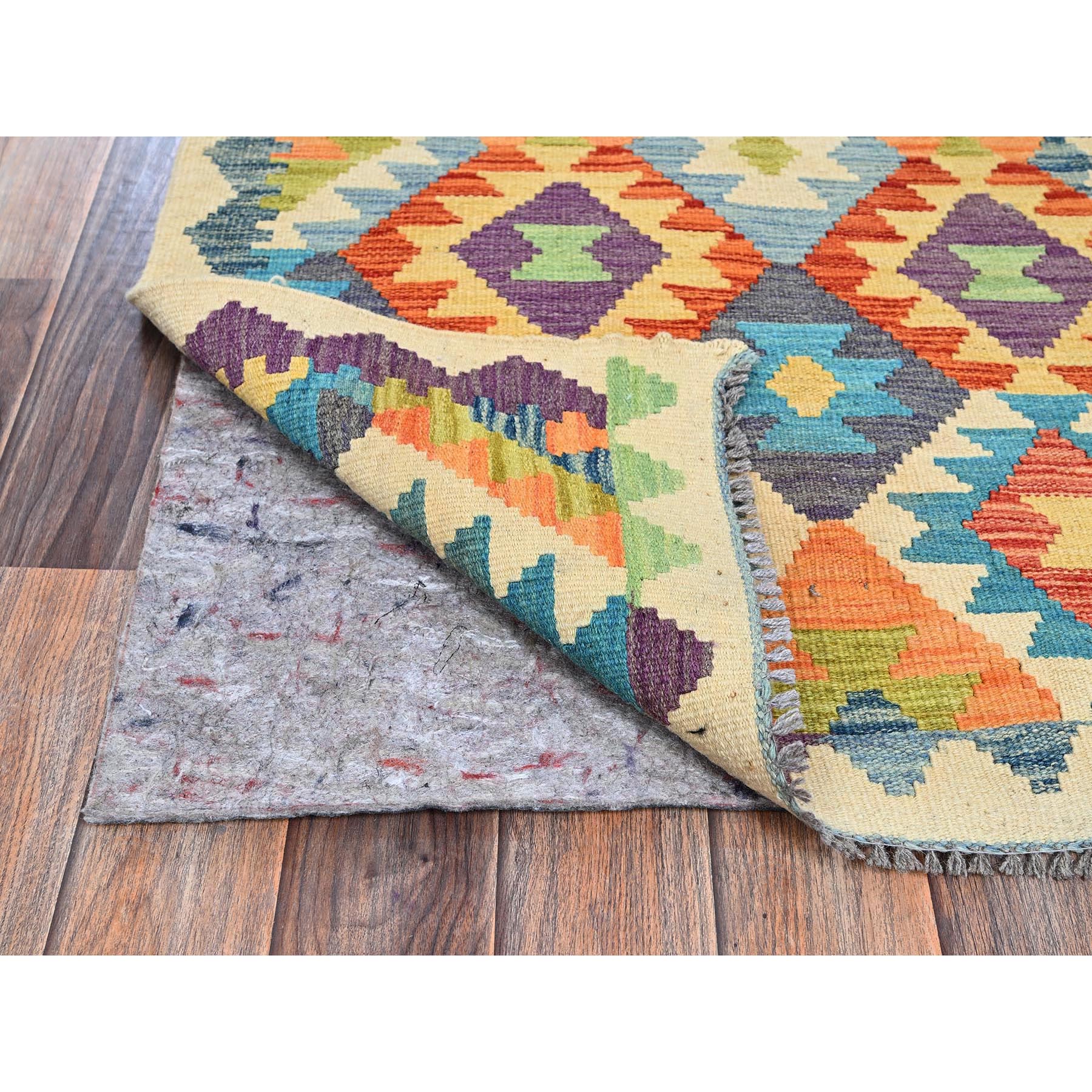 2'7"x9'7" Beige, Hand Woven, Afghan Kilim with Colorful Geometric Pattern, Vegetable Dyes, Pure Wool, Flat Weave, Reversible, Runner, Oriental Rug Sh1165