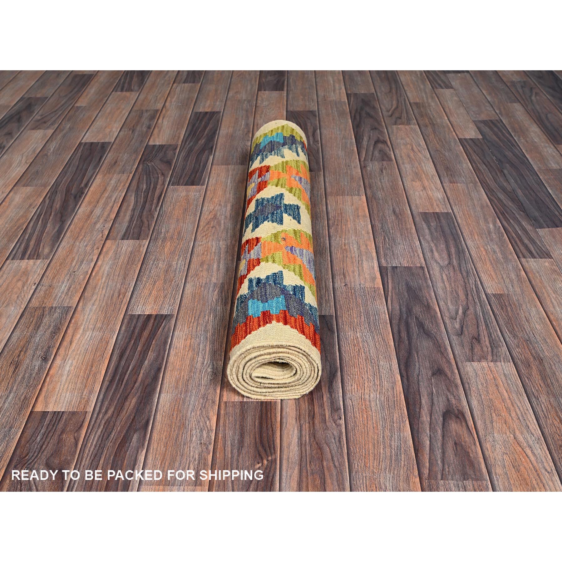 2'7"x9'7" Beige, Hand Woven, Afghan Kilim with Colorful Geometric Pattern, Vegetable Dyes, Pure Wool, Flat Weave, Reversible, Runner, Oriental Rug Sh1165