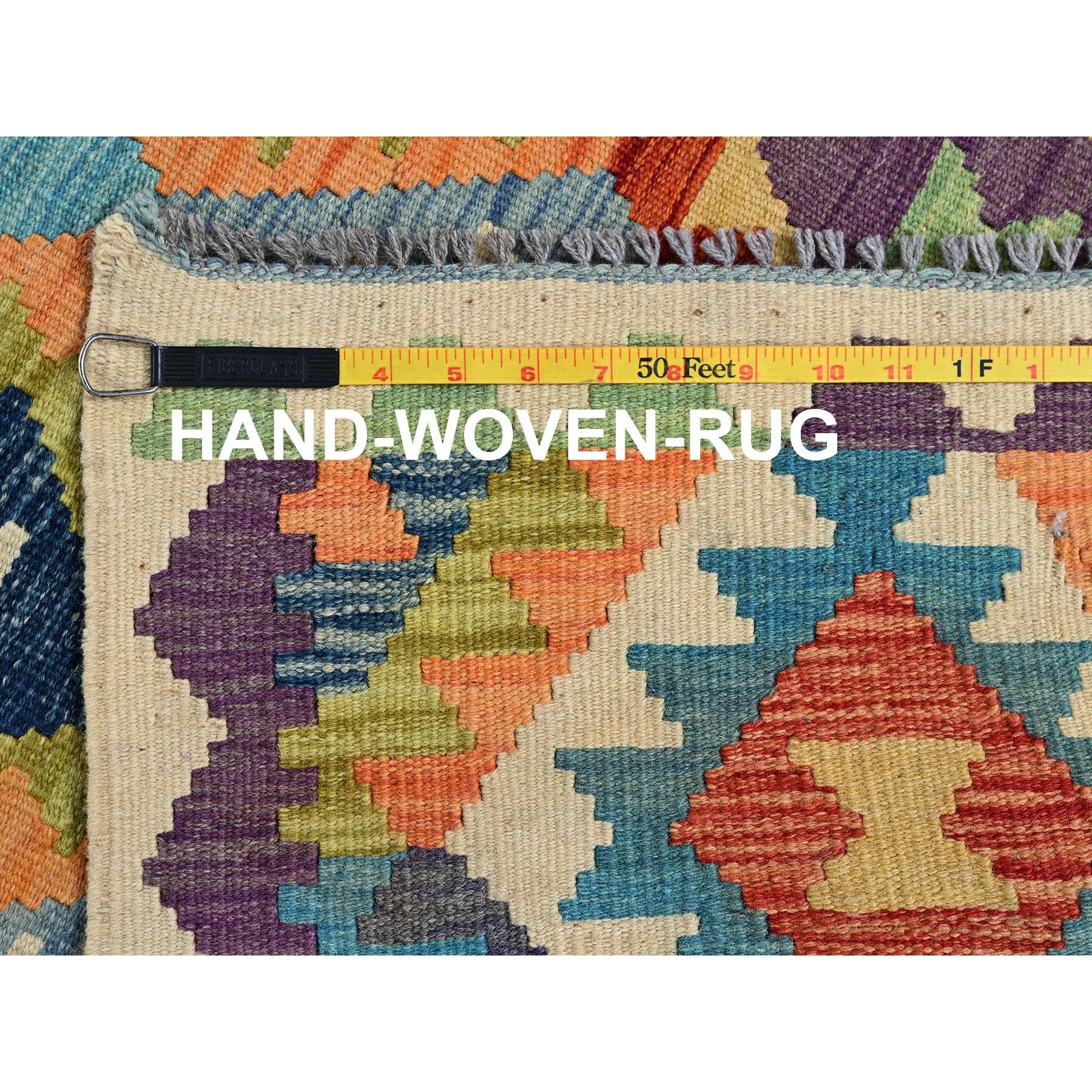 2'7"x9'7" Beige, Hand Woven, Afghan Kilim with Colorful Geometric Pattern, Vegetable Dyes, Pure Wool, Flat Weave, Reversible, Runner, Oriental Rug Sh1165