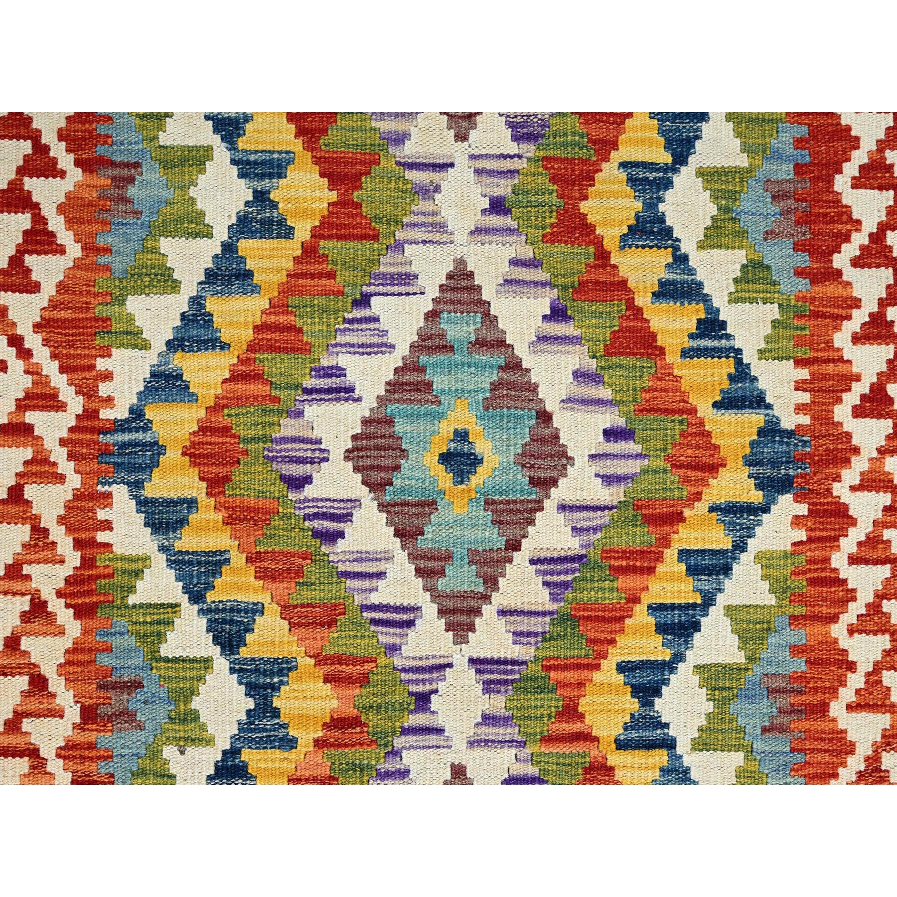 2'8"x9'7" Alabaster White, Afghan Kilim with Colorful Geometric Pattern, Pure Wool, Flat Weave, Hand Woven, Vegetable Dyes, Reversible, Runner, Oriental Rug Sh1166