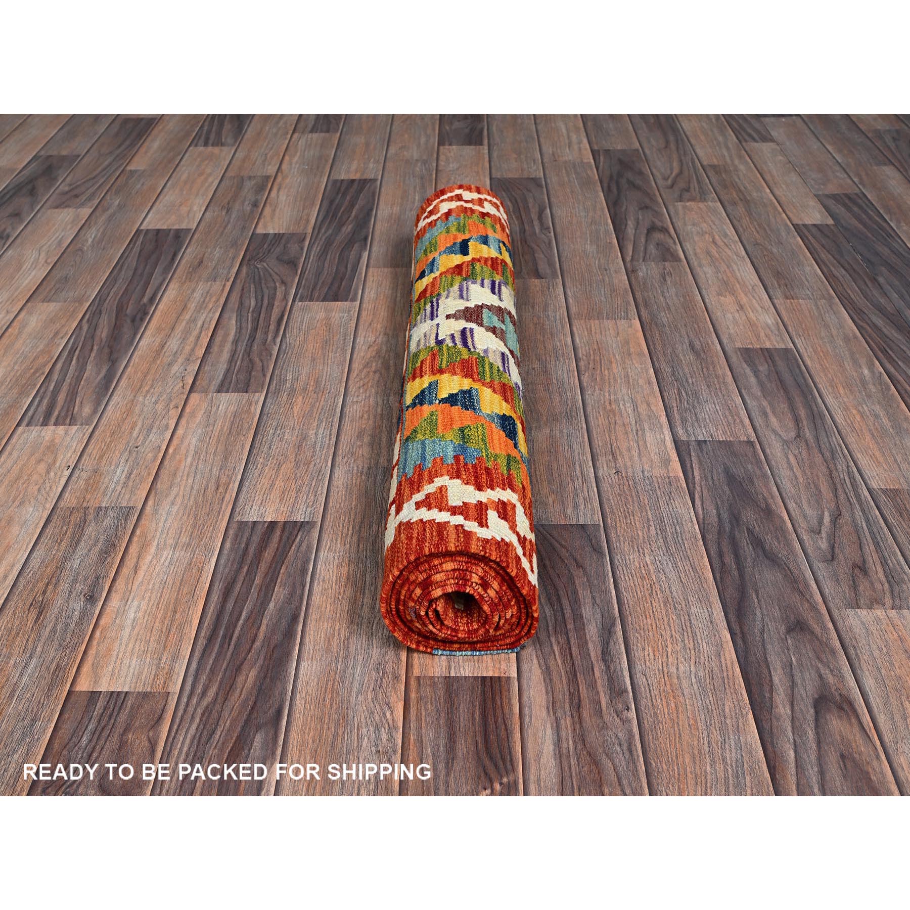 2'8"x9'7" Alabaster White, Afghan Kilim with Colorful Geometric Pattern, Pure Wool, Flat Weave, Hand Woven, Vegetable Dyes, Reversible, Runner, Oriental Rug Sh1166