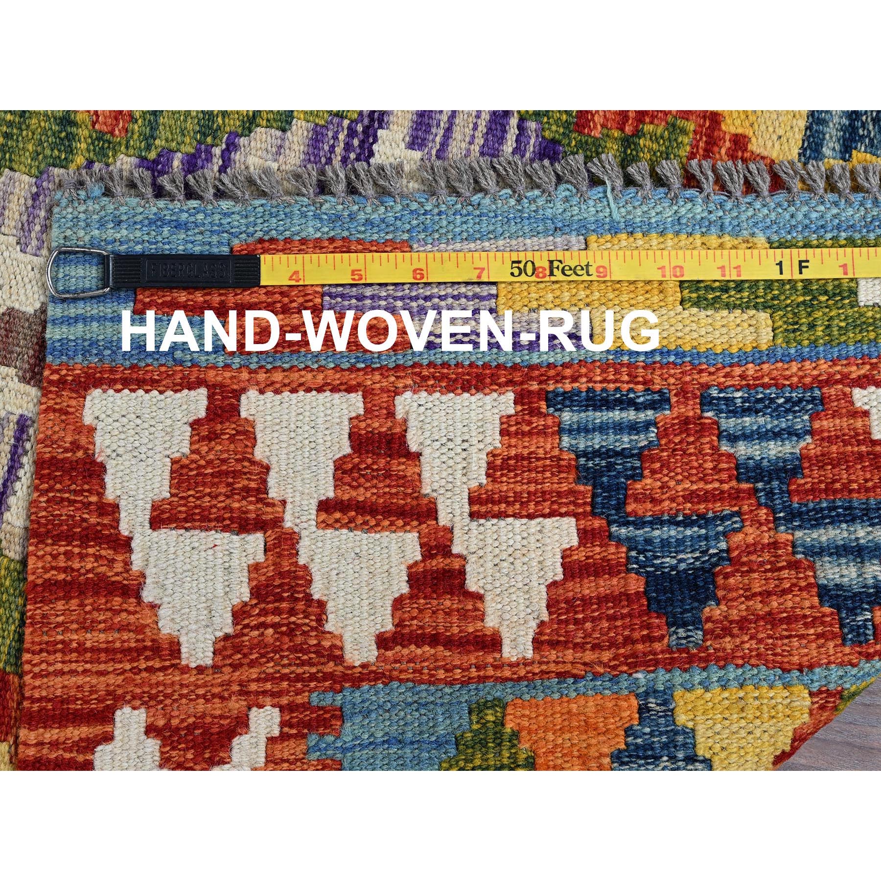 2'8"x9'7" Alabaster White, Afghan Kilim with Colorful Geometric Pattern, Pure Wool, Flat Weave, Hand Woven, Vegetable Dyes, Reversible, Runner, Oriental Rug Sh1166