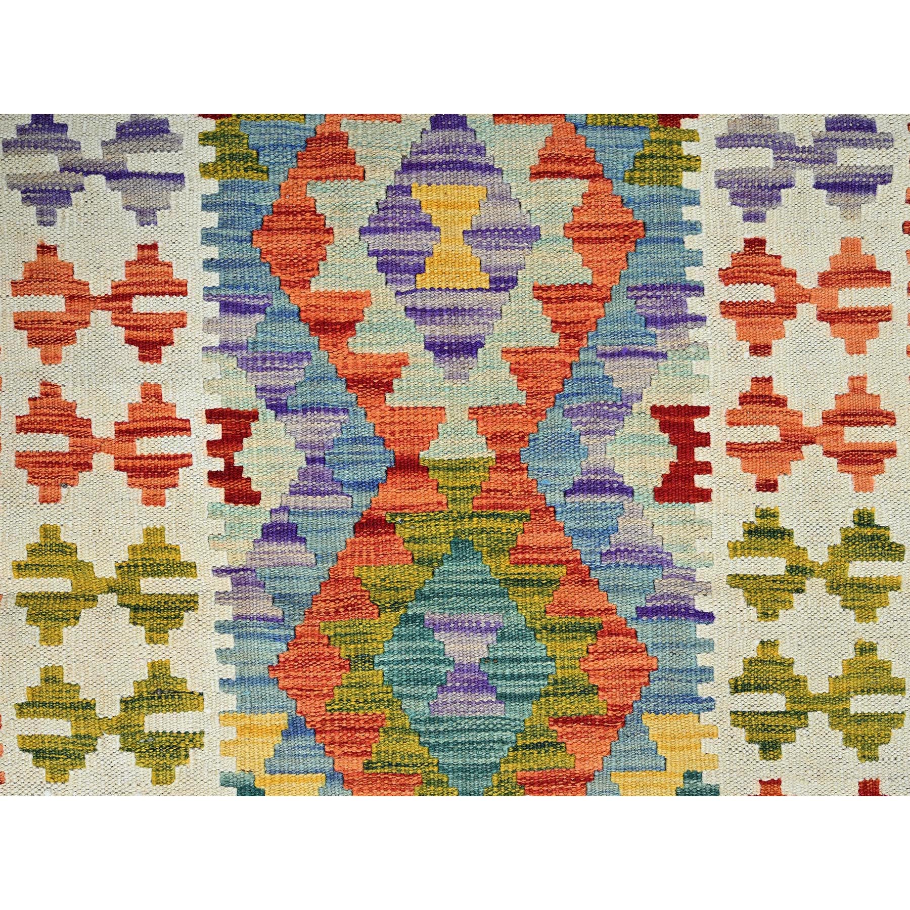 2'7"x9'5" Chiffon White, Flat Weave, Afghan Kilim with Colorful Geometric Pattern, Vegetable Dyes, Pure Wool, Hand Woven, Reversible, Runner, Oriental Rug Sh1167