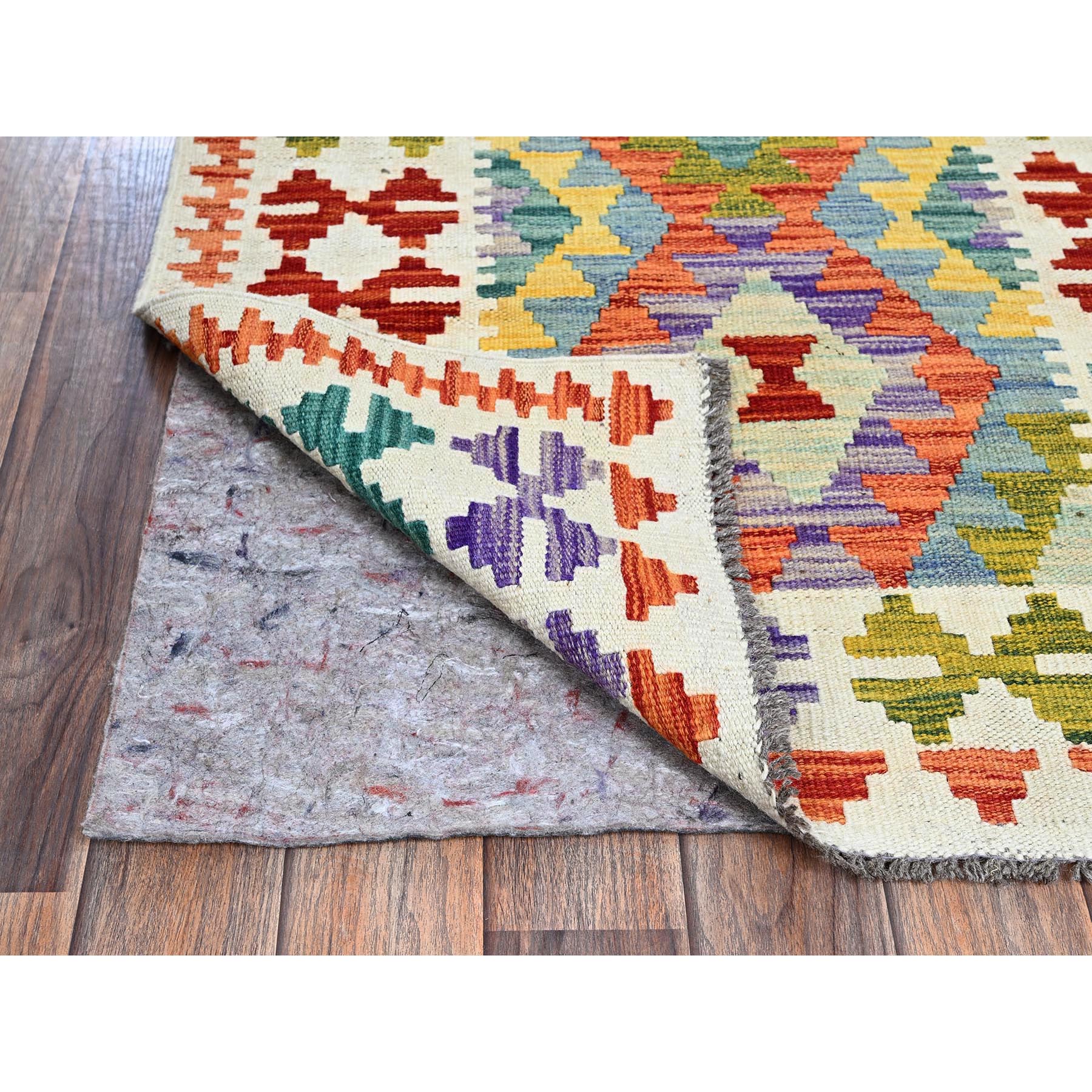 2'7"x9'5" Chiffon White, Flat Weave, Afghan Kilim with Colorful Geometric Pattern, Vegetable Dyes, Pure Wool, Hand Woven, Reversible, Runner, Oriental Rug Sh1167
