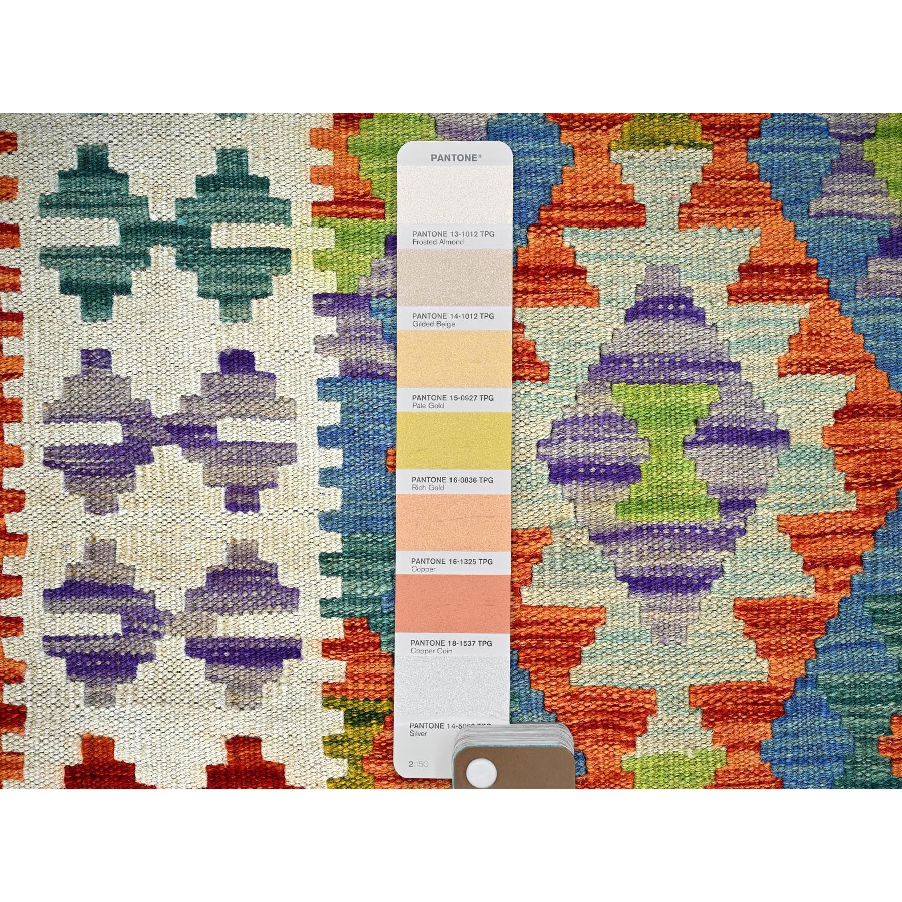 2'7"x9'5" Chiffon White, Flat Weave, Afghan Kilim with Colorful Geometric Pattern, Vegetable Dyes, Pure Wool, Hand Woven, Reversible, Runner, Oriental Rug Sh1167