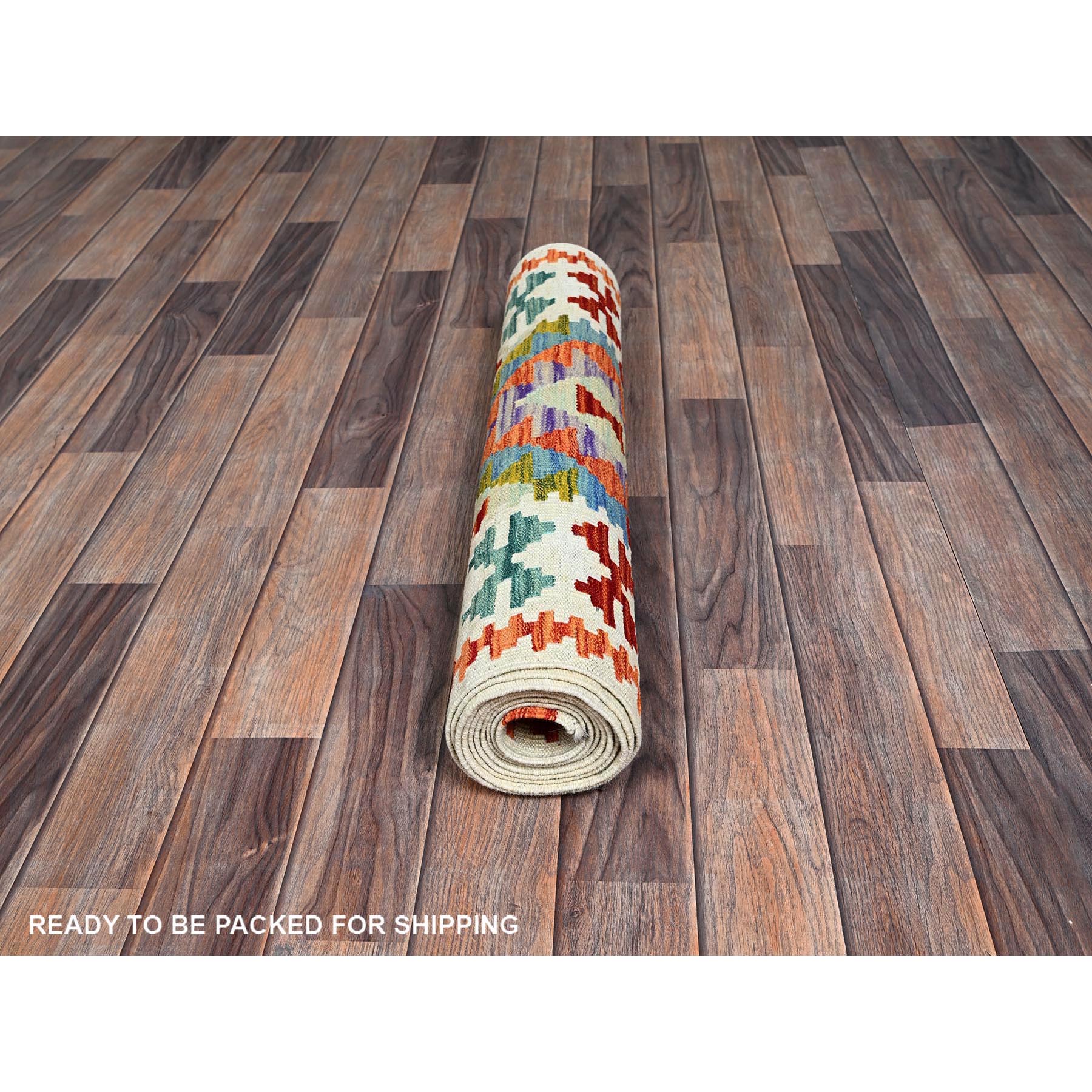 2'7"x9'5" Chiffon White, Flat Weave, Afghan Kilim with Colorful Geometric Pattern, Vegetable Dyes, Pure Wool, Hand Woven, Reversible, Runner, Oriental Rug Sh1167