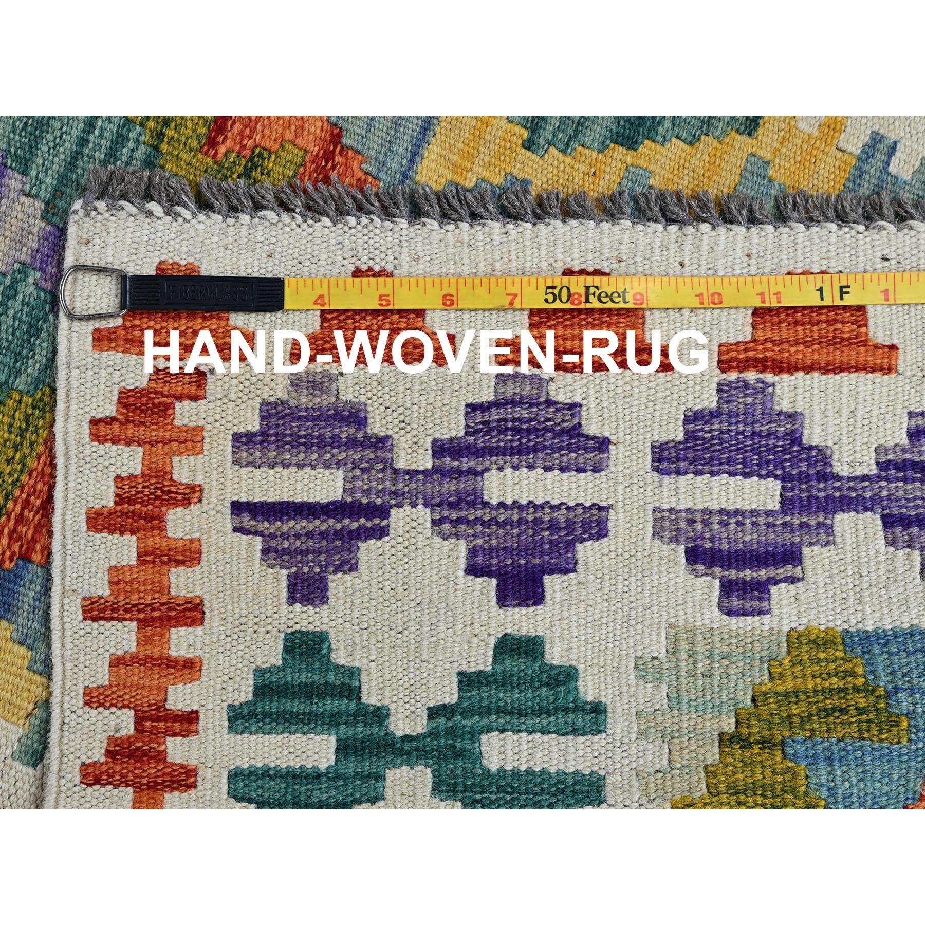 2'7"x9'5" Chiffon White, Flat Weave, Afghan Kilim with Colorful Geometric Pattern, Vegetable Dyes, Pure Wool, Hand Woven, Reversible, Runner, Oriental Rug Sh1167