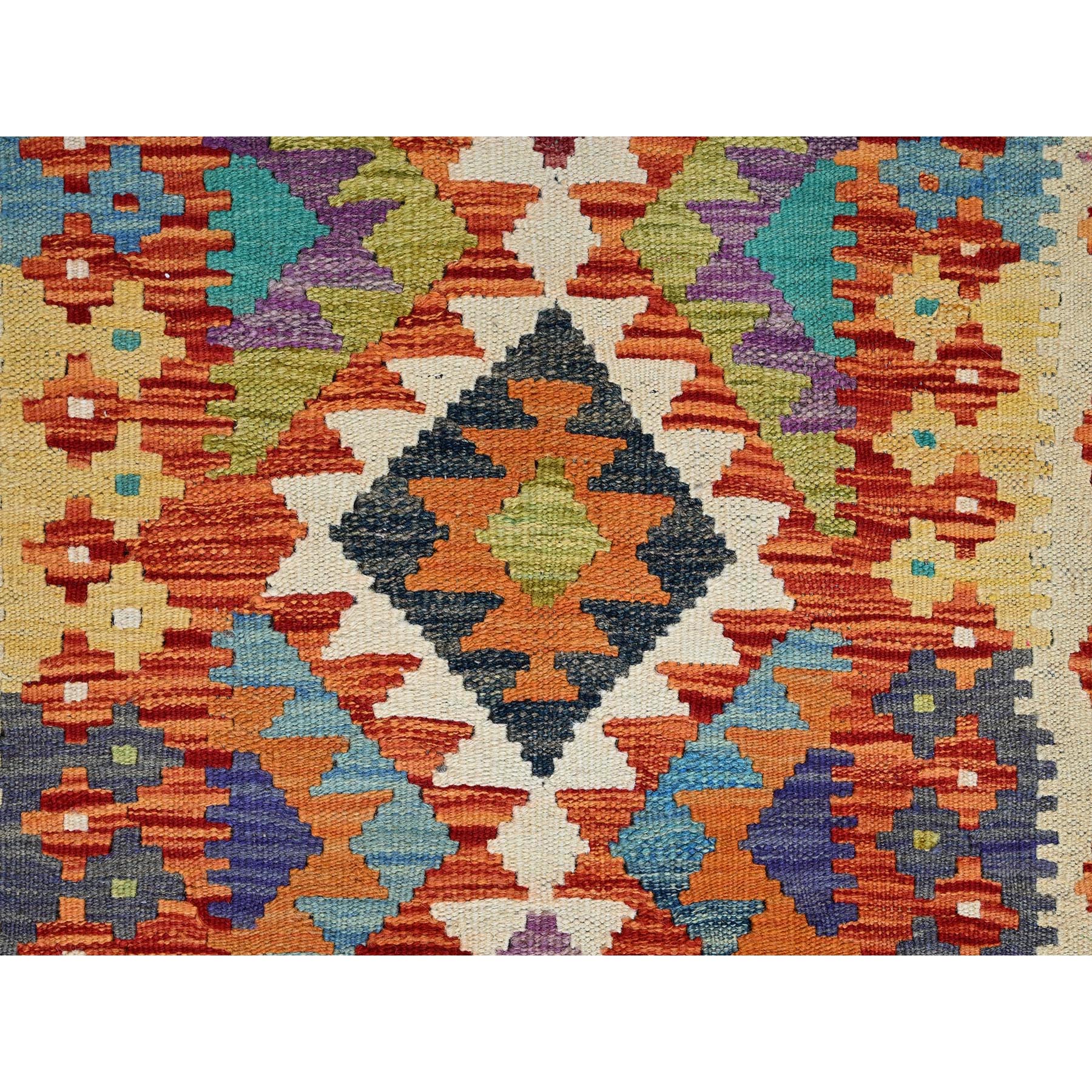 2'8"x9'7" Burnt Orange, Afghan Kilim with Colorful Geometric Pattern, Vegetable Dyes, Pure Wool, Flat Weave, Hand Woven, Reversible, Runner, Oriental Rug Sh1168