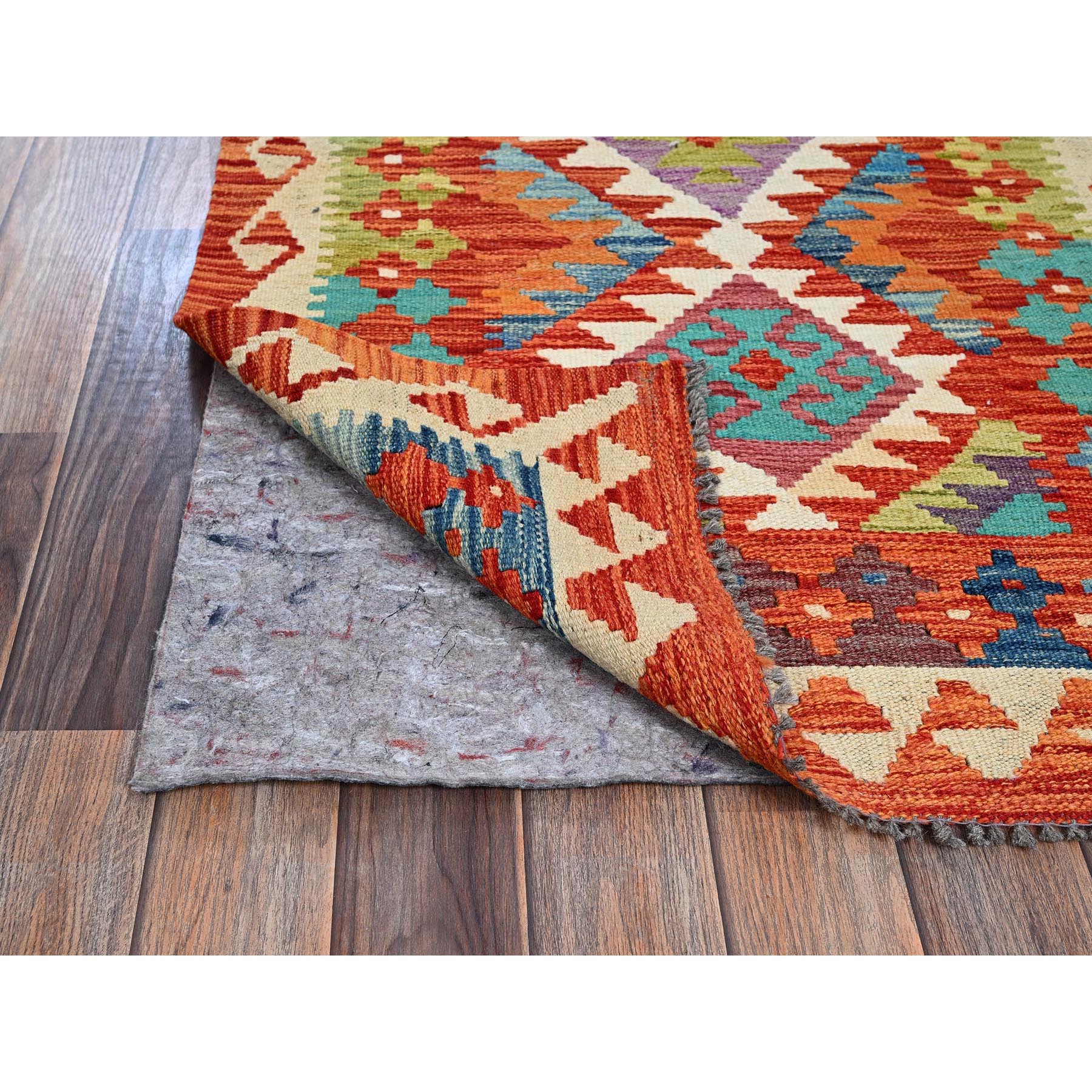 2'8"x9'7" Burnt Orange, Afghan Kilim with Colorful Geometric Pattern, Vegetable Dyes, Pure Wool, Flat Weave, Hand Woven, Reversible, Runner, Oriental Rug Sh1168