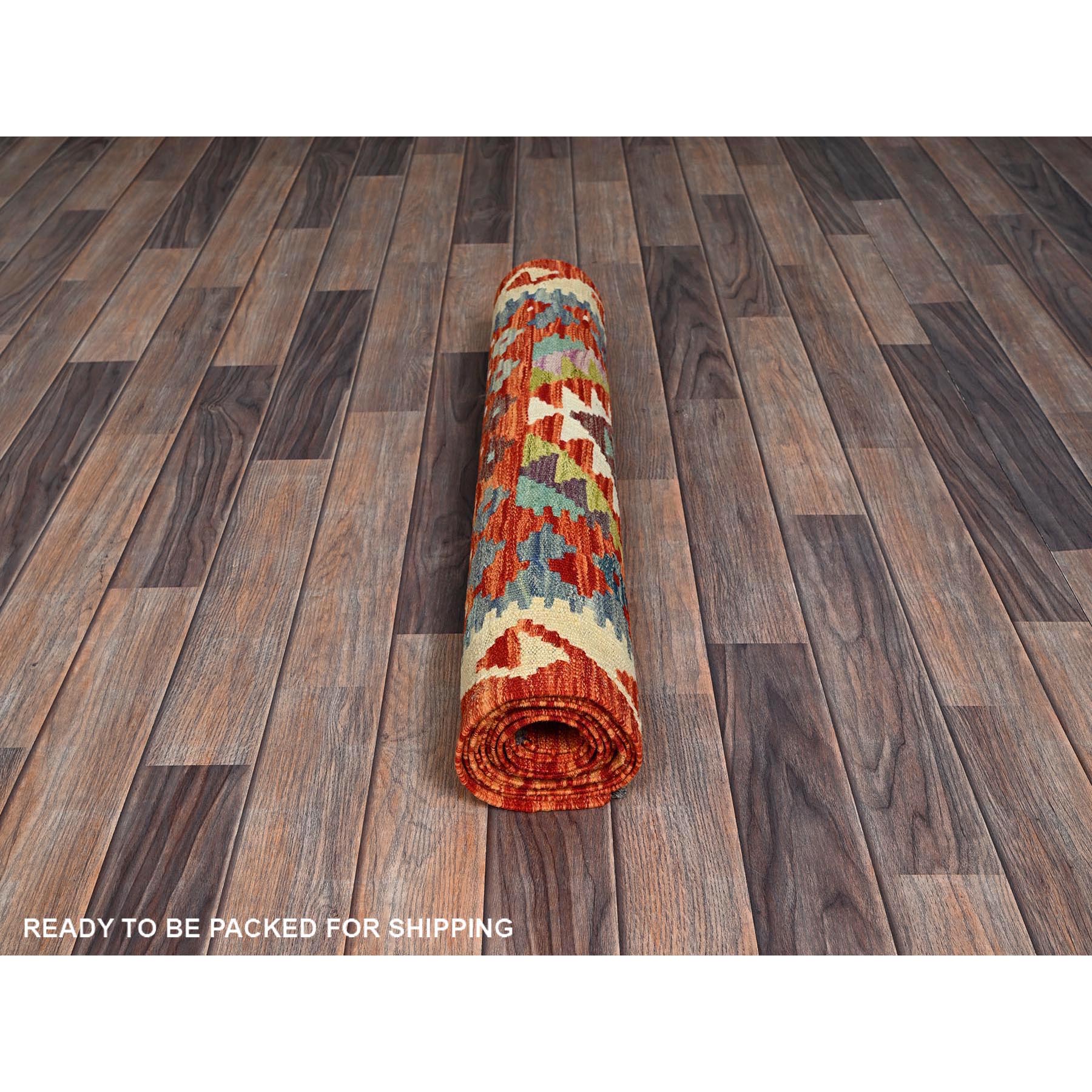 2'8"x9'7" Burnt Orange, Afghan Kilim with Colorful Geometric Pattern, Vegetable Dyes, Pure Wool, Flat Weave, Hand Woven, Reversible, Runner, Oriental Rug Sh1168