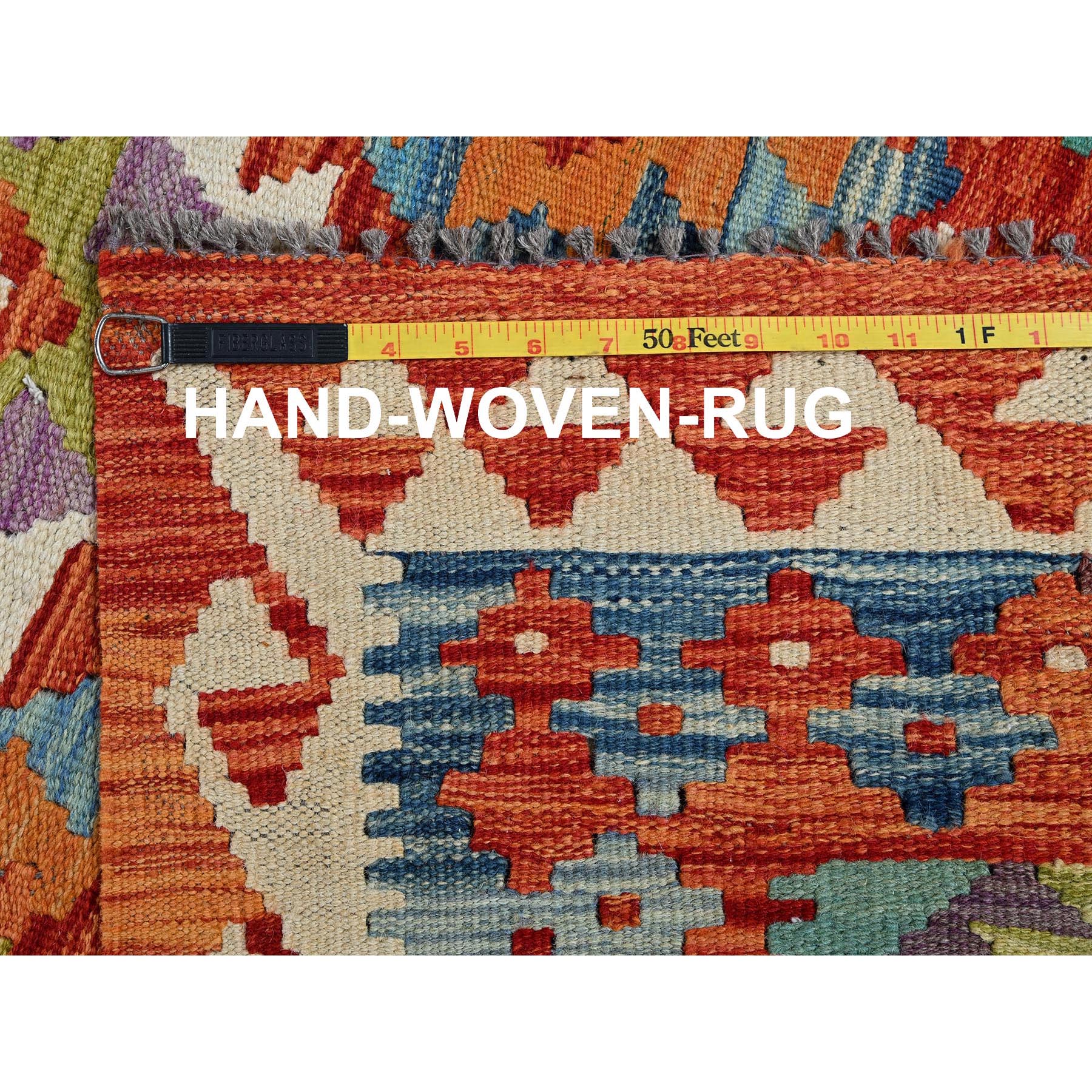 2'8"x9'7" Burnt Orange, Afghan Kilim with Colorful Geometric Pattern, Vegetable Dyes, Pure Wool, Flat Weave, Hand Woven, Reversible, Runner, Oriental Rug Sh1168