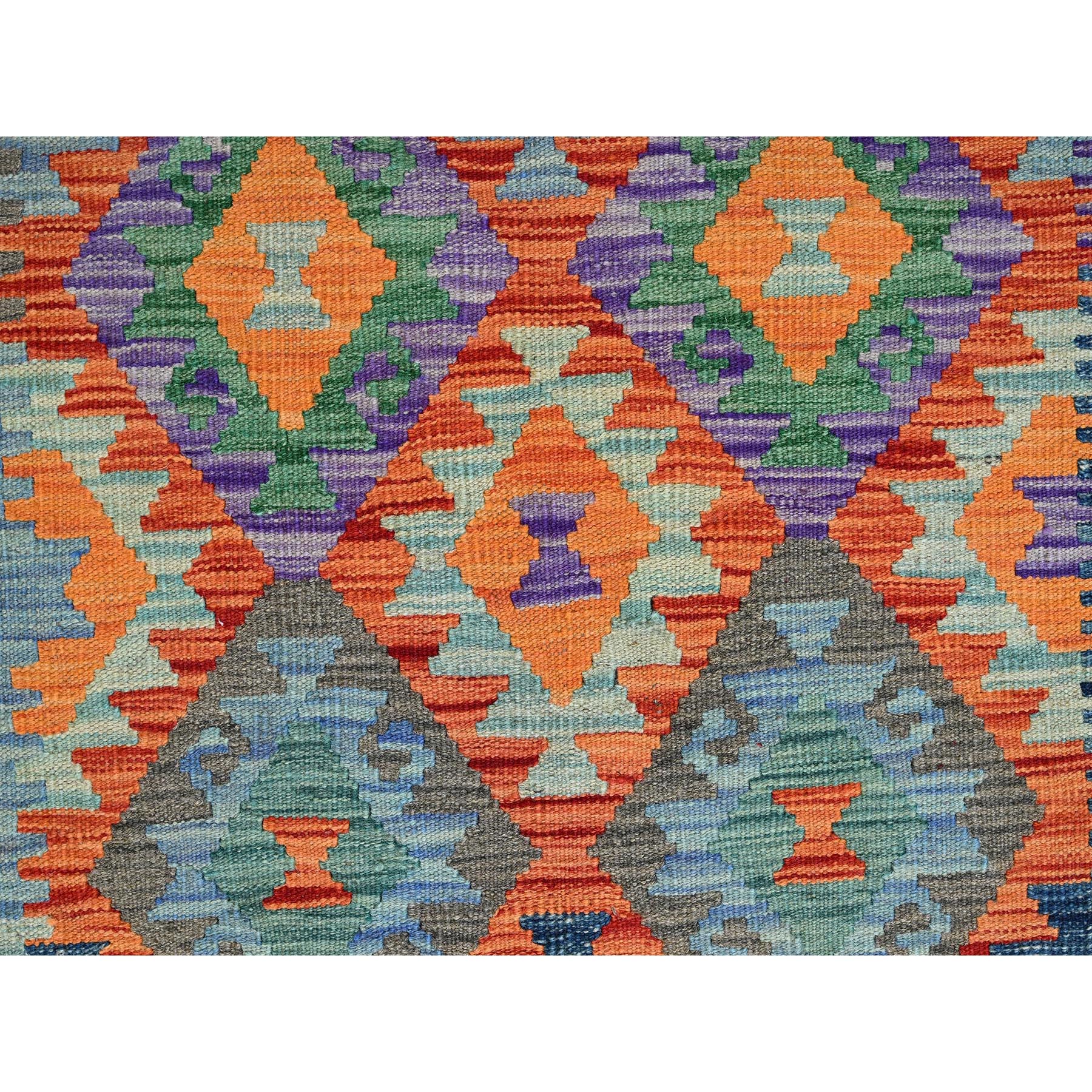 2'10"x9'9" Cerulean Blue, Flat Weave, Afghan Kilim with Colorful Geometric Pattern, Vegetable Dyes, 100% Wool, Hand Woven, Reversible, Runner, Oriental Rug Sh1169