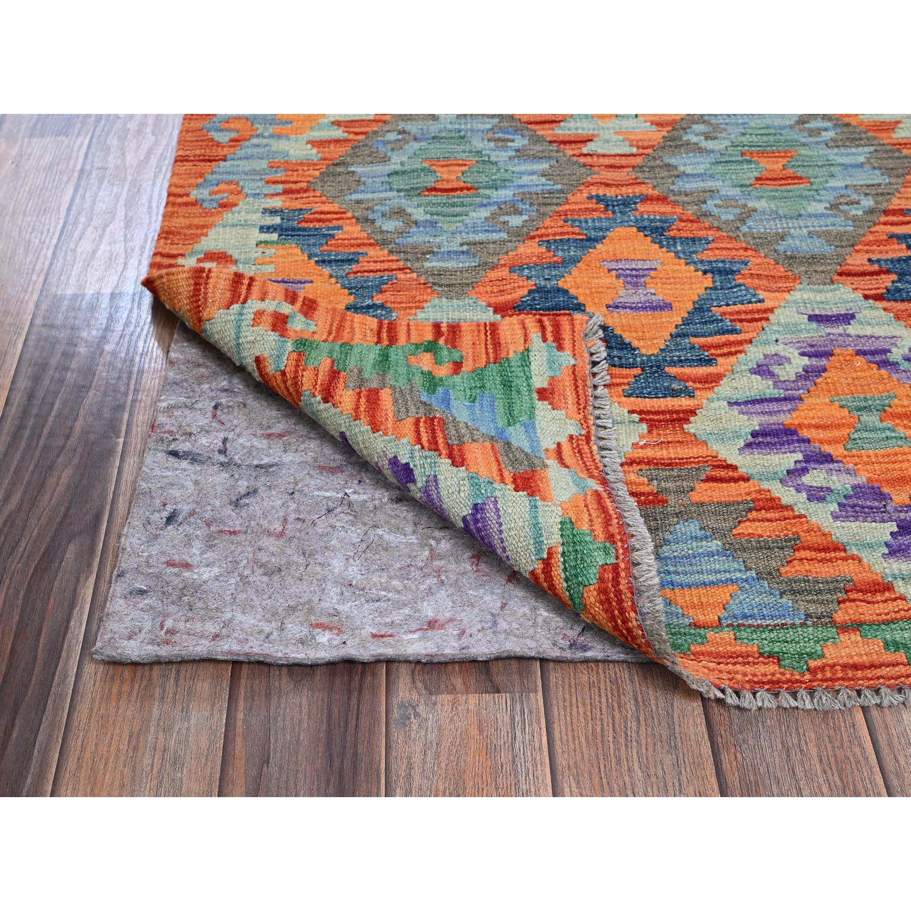 2'10"x9'9" Cerulean Blue, Flat Weave, Afghan Kilim with Colorful Geometric Pattern, Vegetable Dyes, 100% Wool, Hand Woven, Reversible, Runner, Oriental Rug Sh1169