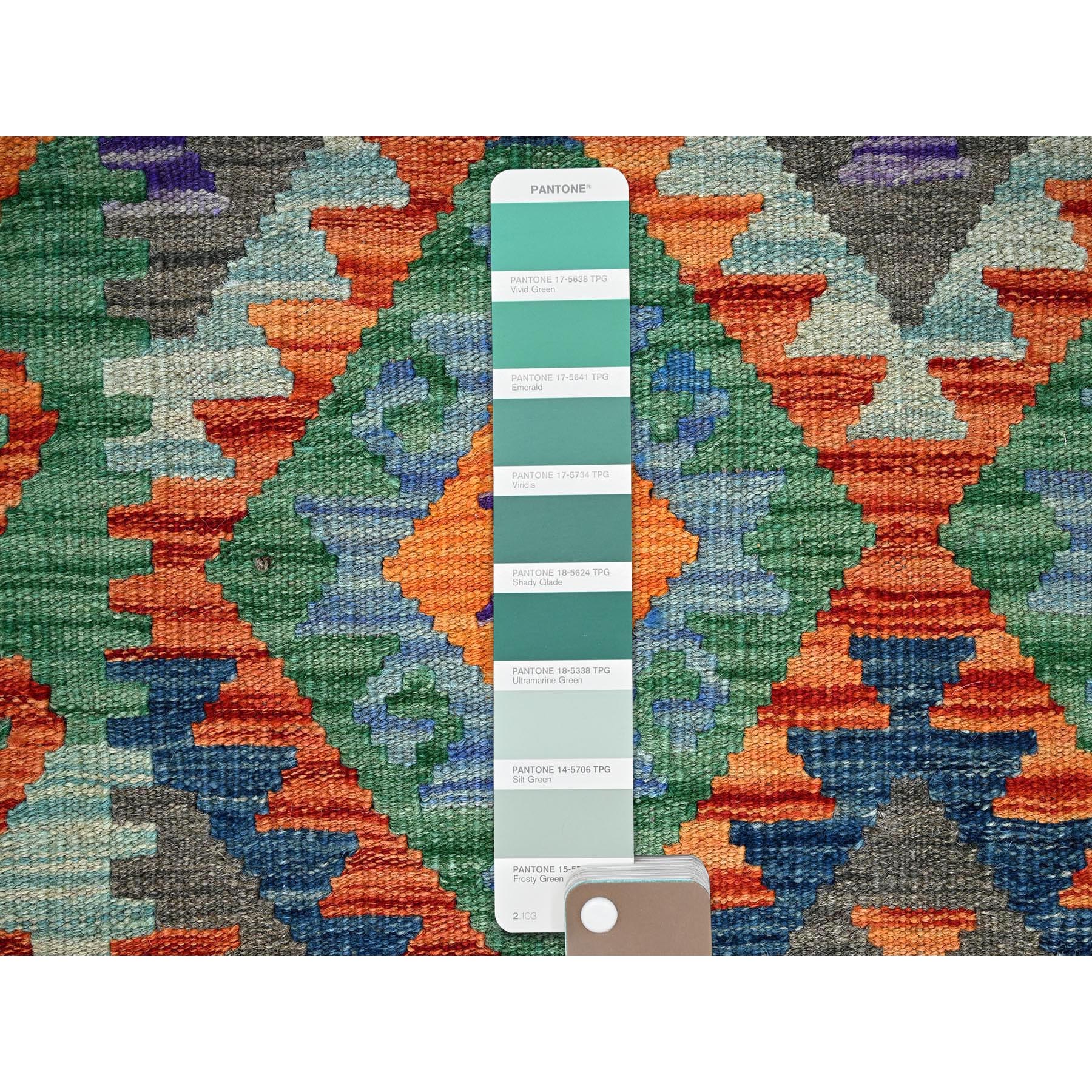 2'10"x9'9" Cerulean Blue, Flat Weave, Afghan Kilim with Colorful Geometric Pattern, Vegetable Dyes, 100% Wool, Hand Woven, Reversible, Runner, Oriental Rug Sh1169