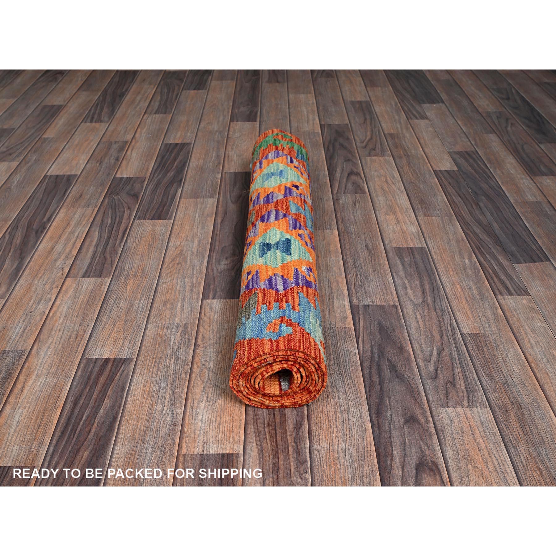 2'10"x9'9" Cerulean Blue, Flat Weave, Afghan Kilim with Colorful Geometric Pattern, Vegetable Dyes, 100% Wool, Hand Woven, Reversible, Runner, Oriental Rug Sh1169