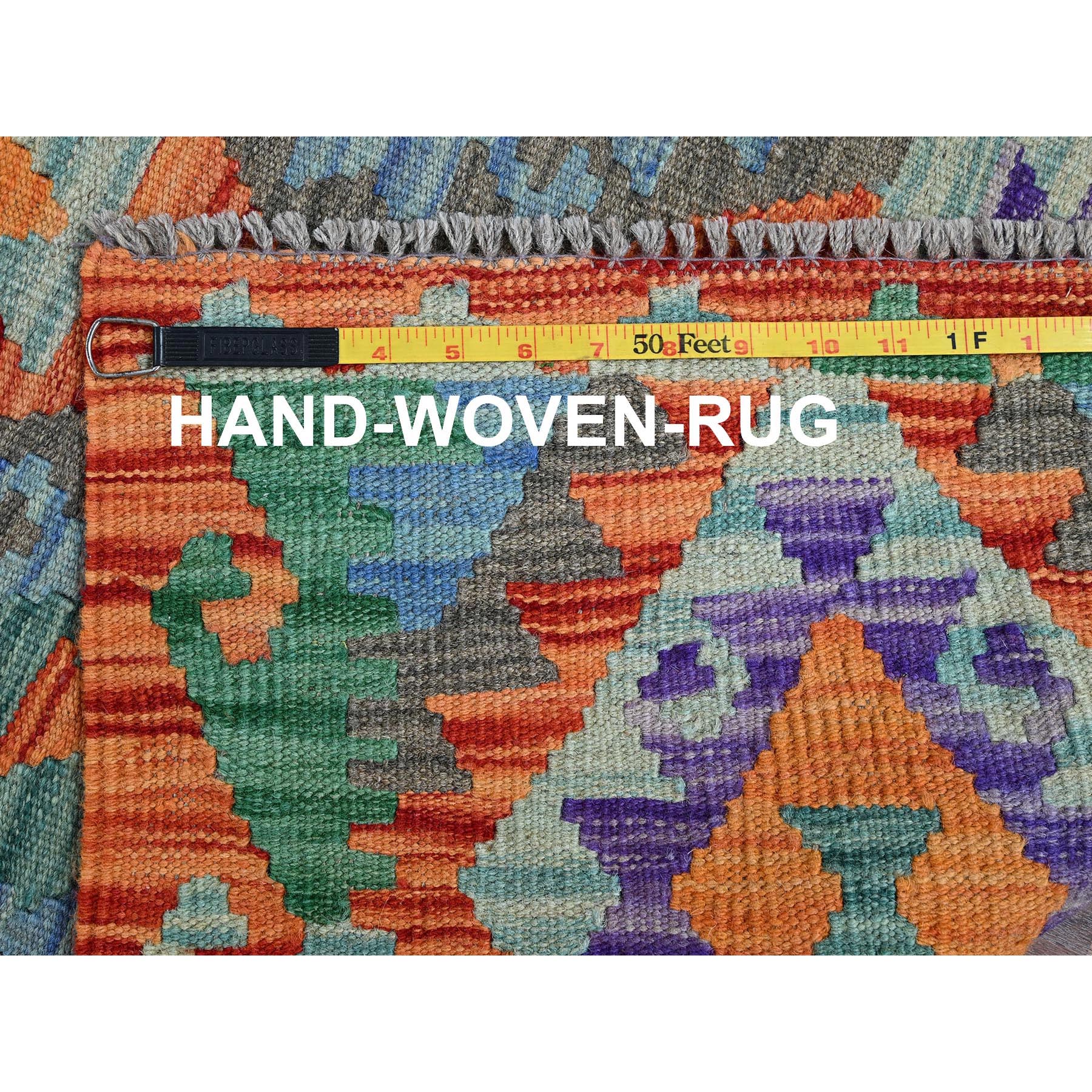 2'10"x9'9" Cerulean Blue, Flat Weave, Afghan Kilim with Colorful Geometric Pattern, Vegetable Dyes, 100% Wool, Hand Woven, Reversible, Runner, Oriental Rug Sh1169