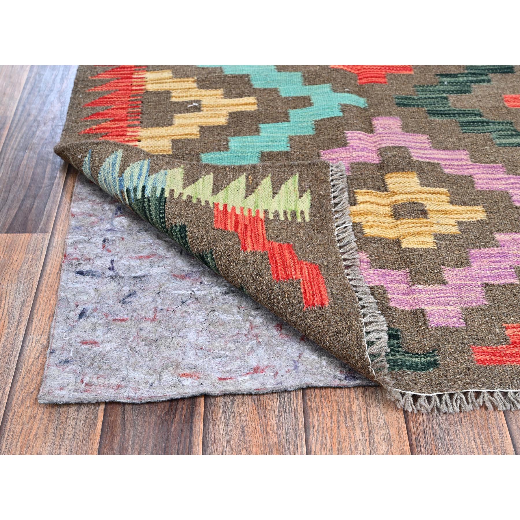 2'9"x9'10" Taupe Gray, Afghan Kilim with Colorful Geometric Pattern, Vegetable Dyes, Pure Wool, Flat Weave, Hand Woven, Reversible, Runner, Oriental Rug Sh1170
